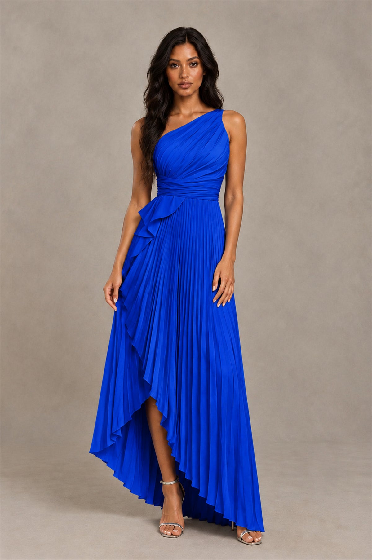 BOLODOO Royal Blue One-Shoulder High-Low Ruffle Maxi Dress - Royal Blue