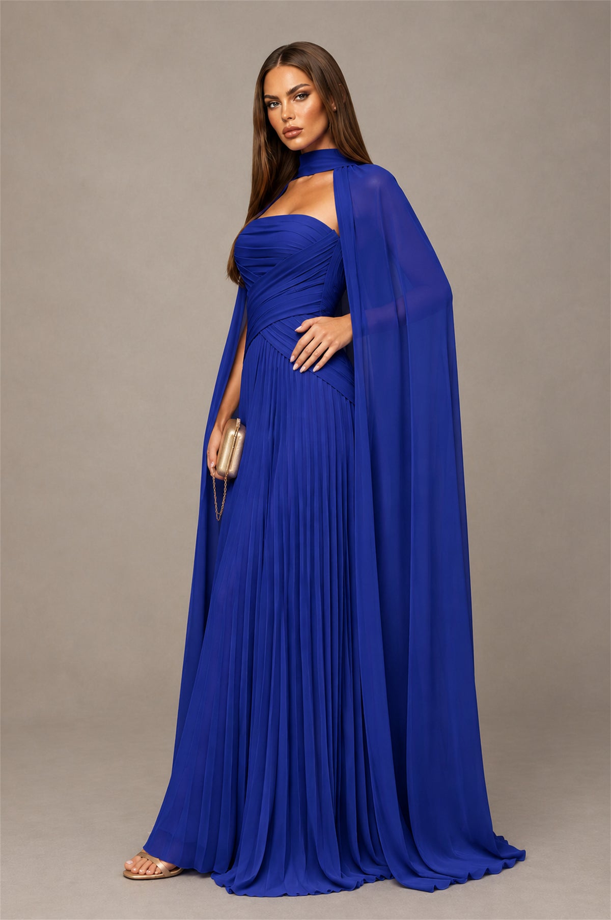 BOLODOO Royal Blue Strapless Crossover Ruched Bodice Detached Turtleneck Cape Lace-Up Back Pleated Chiffon Maxi Dress - Royal Blue