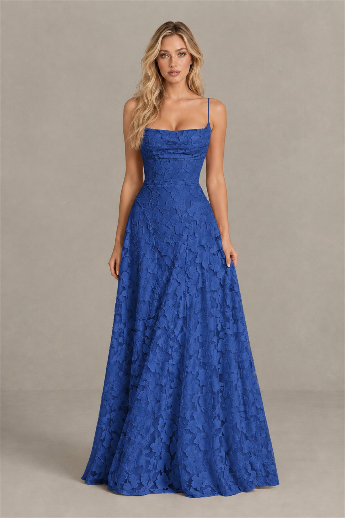 BOLODOO Royal Blue Floral Appliqué Lace-Up Back Maxi Dress - Royal Blue
