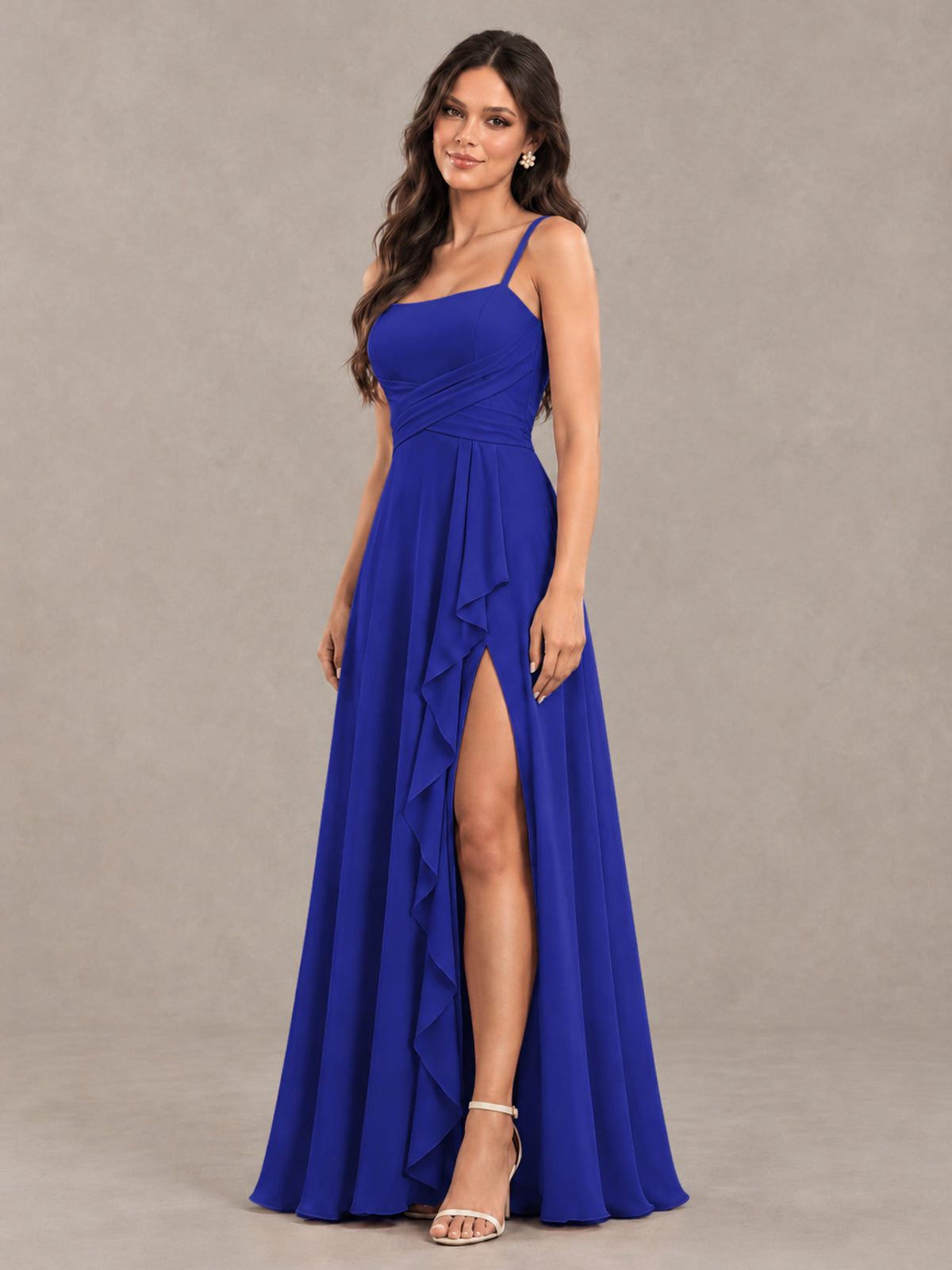 BOLODOO Royal Blue Spaghetti Strap Ruffle Bridesmaid Dress with Slit - Royal Blue - Royal Blue (3)