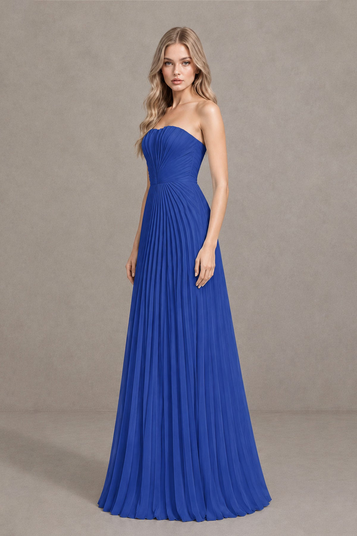 BOLODOO Royal Blue Strapless Sunburst Pleated Twisted Knot Lace-Up Back Accordion Pleated Chiffon Maxi Dress - Royal Blue