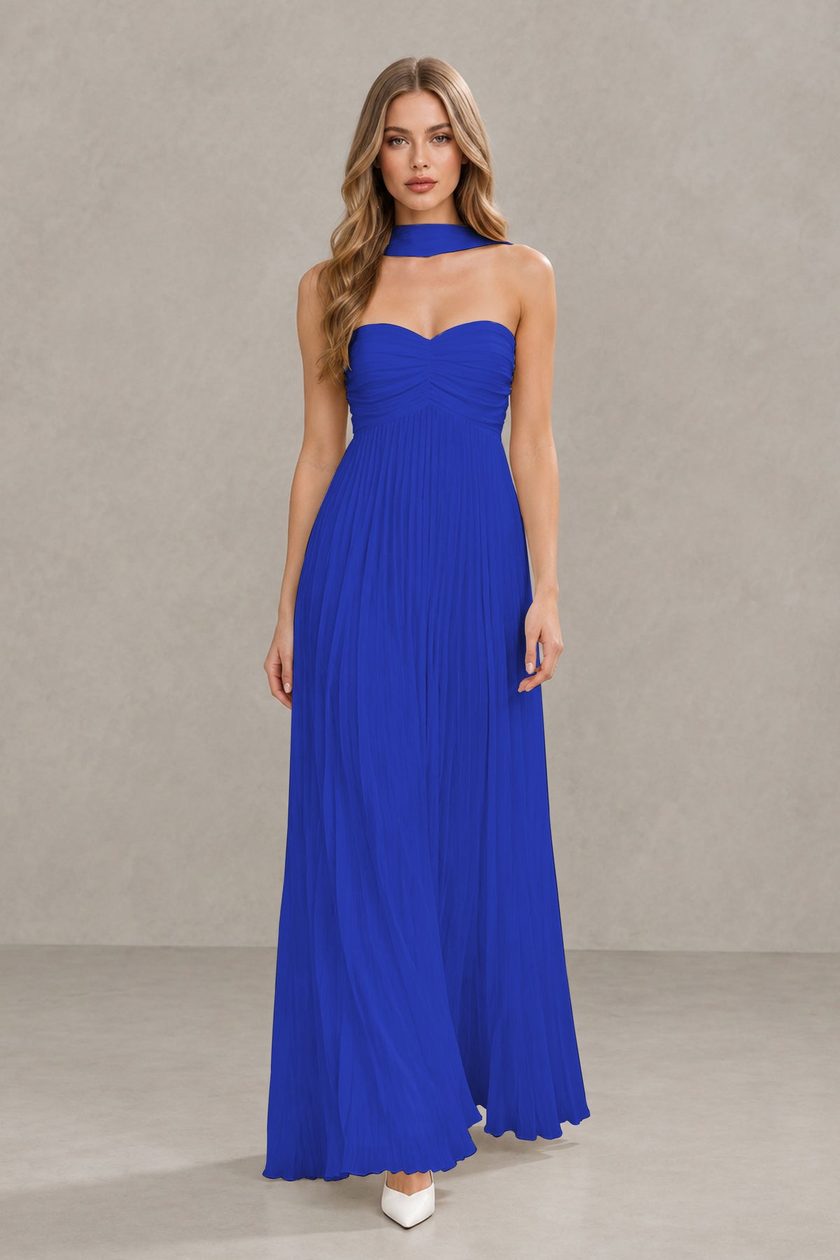 BOLODOO Royal Blue Strapless Chiffon-Look Maxi Dress with Lace-Up Back & Cape - Royal Blue