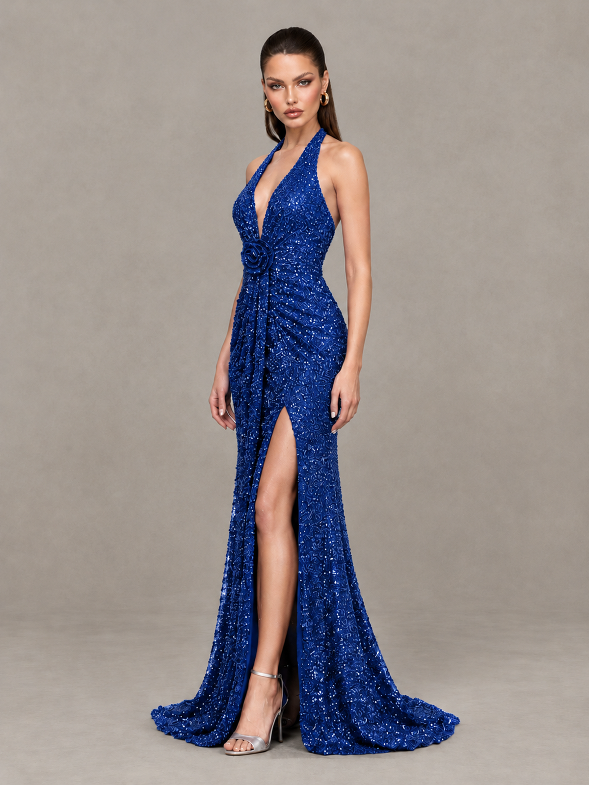BOLODOO Royal Blue Sequin Halter Open Back Evening Gown with High Slit - Royal Blue - Royal Blue (3)