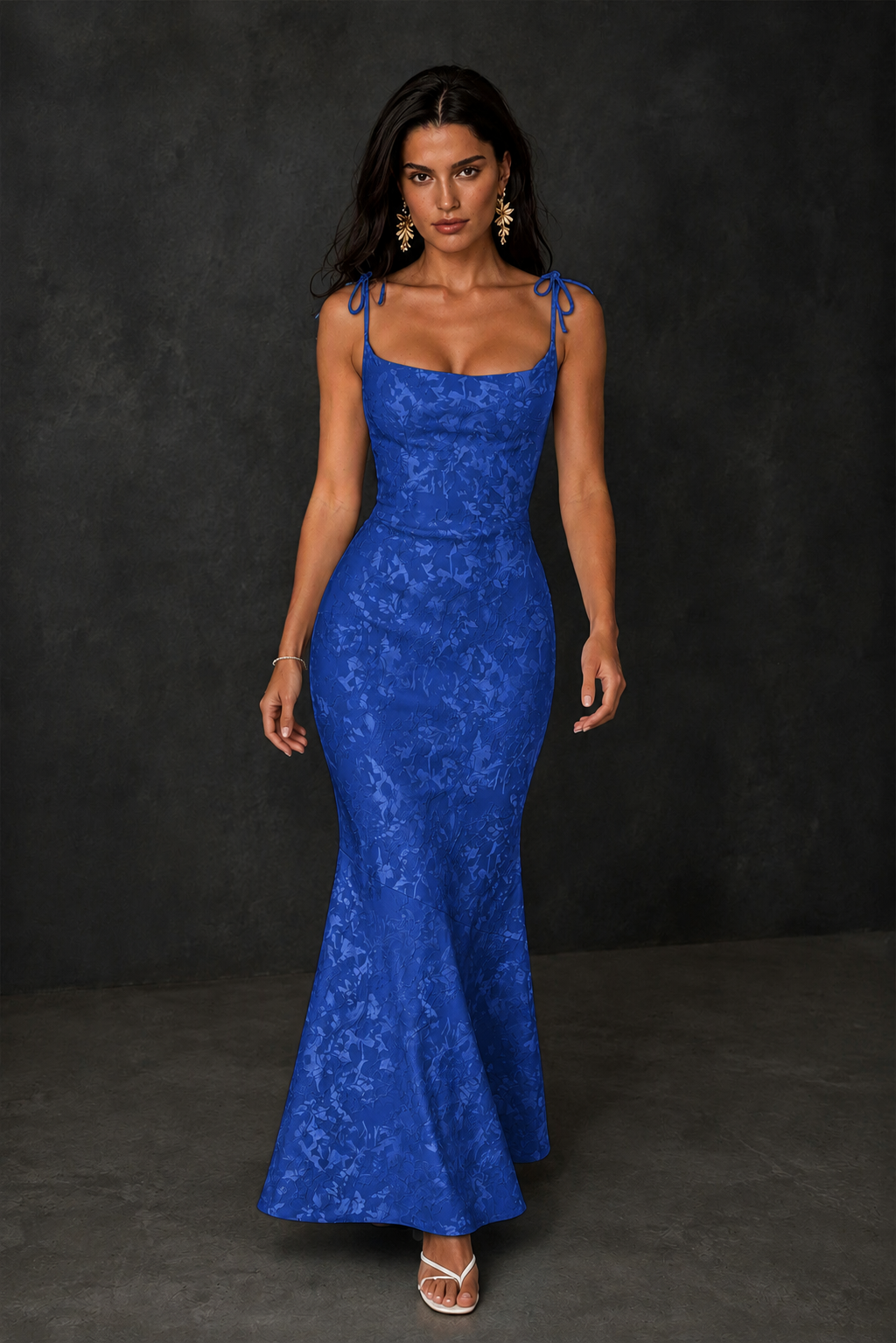 BOLODOO Royal Blue Scoop Neck Tie Strap Lace-Up Back Floral Jacquard Mermaid Maxi Dress - Royal Blue