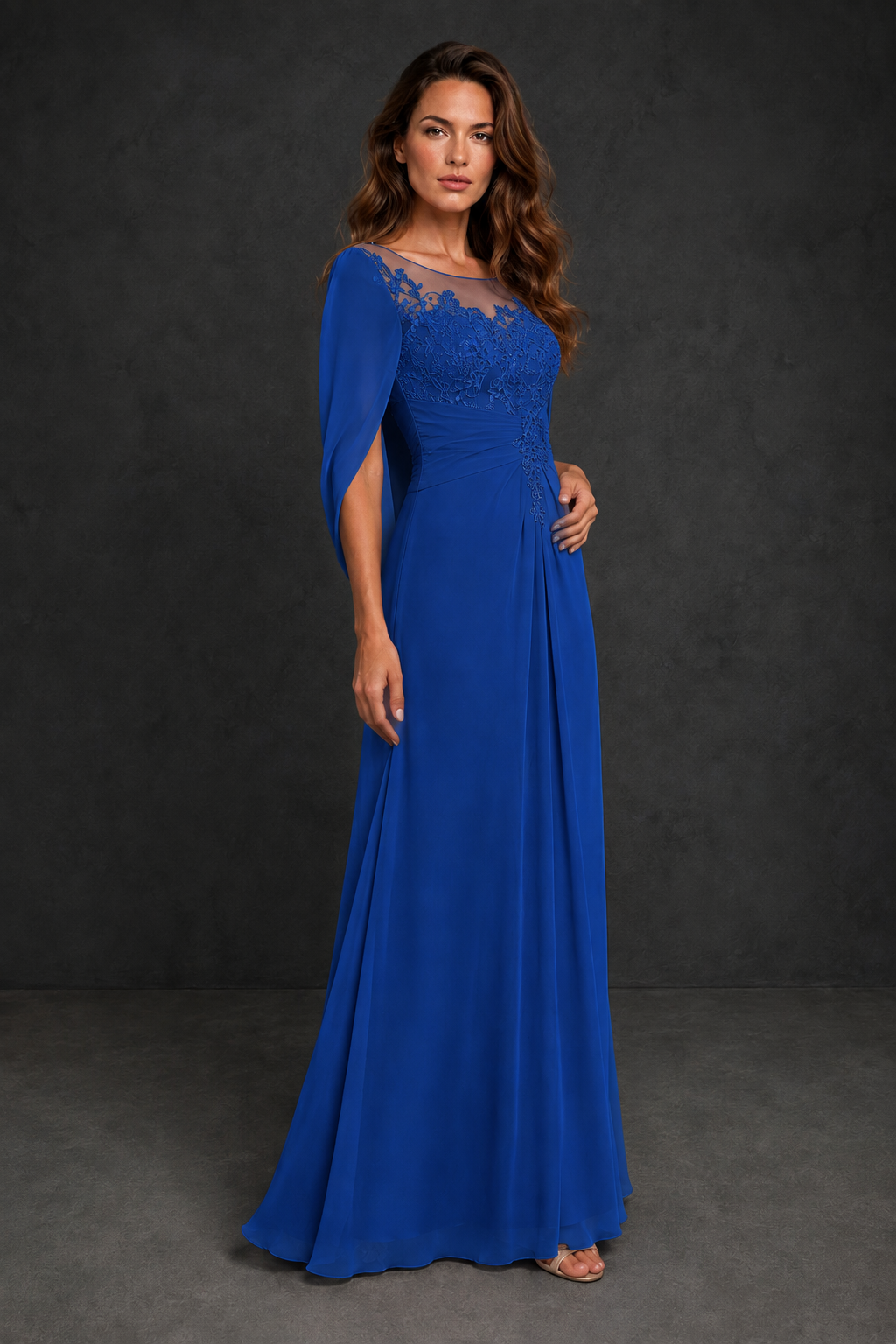 BOLODOO Royal Blue Illusion Lace One-Side Cape Sleeve Beaded Chiffon Floor Length Gown | Mother of the Bride Evening Dress - Royal Blue