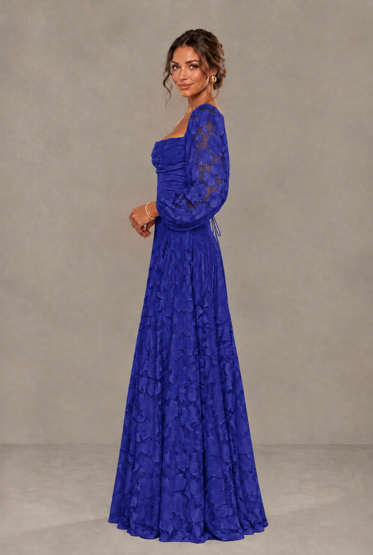 BOLODOO Floral Royal Blue Long Sleeve A-Line Dress with Lace-Up Back - Royal Blue