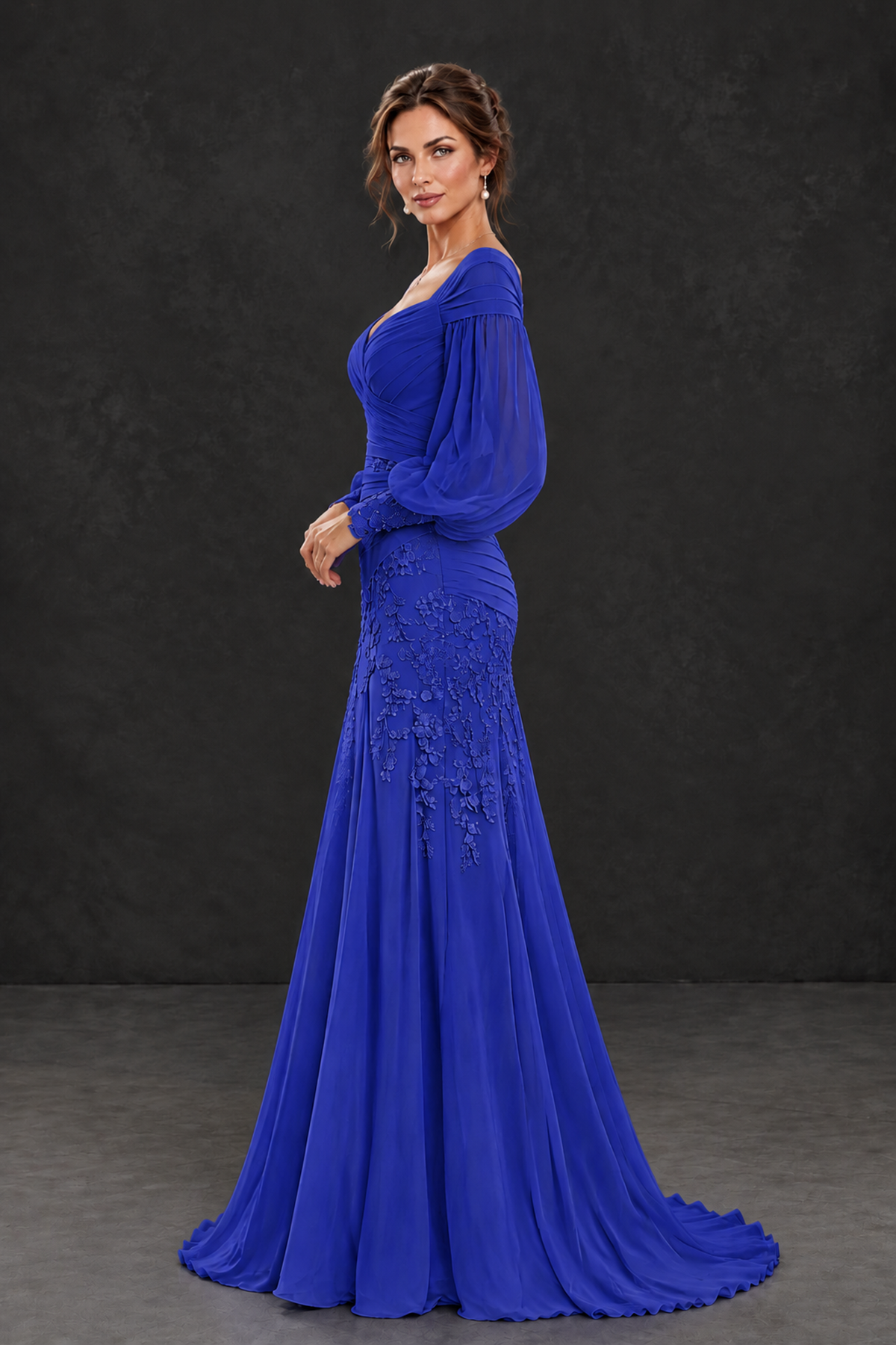 BOLODOO Royal Blue Long Sleeve Mother of the Bride Dress with Floral Appliqués - Royal Blue - Royal Blue (3)