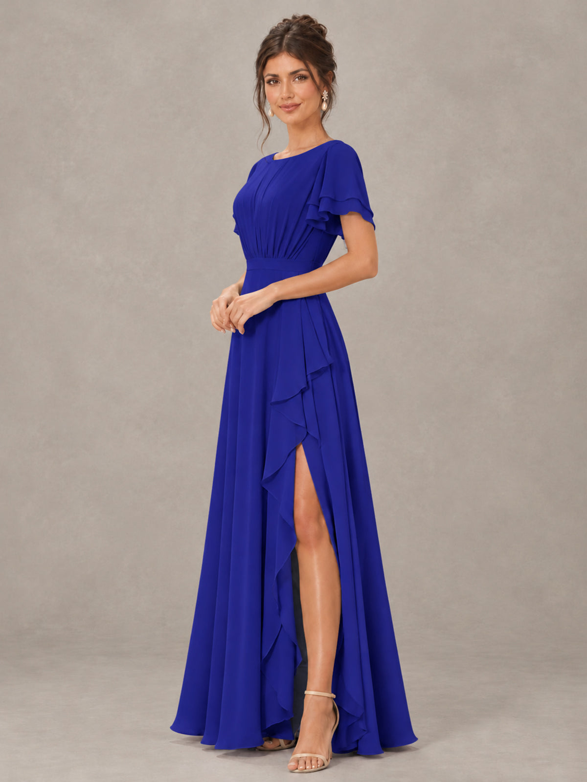 BOLODOO Royal Blue Flutter Sleeve Ruffle Bridesmaid Dress with Slit - Royal Blue - Royal Blue (3)