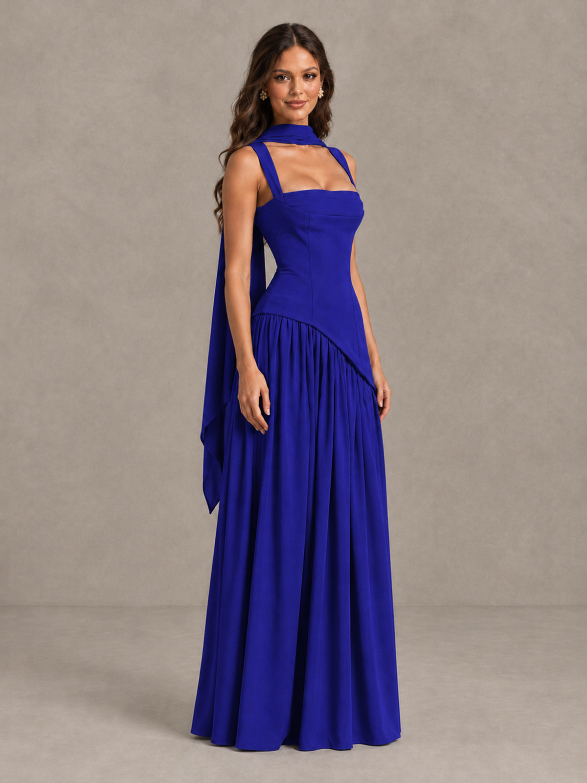 BOLODOO Royal Blue Brown Scarf Bridesmaid Dress with Lace-Up Back - Royal Blue - Royal Blue (3)