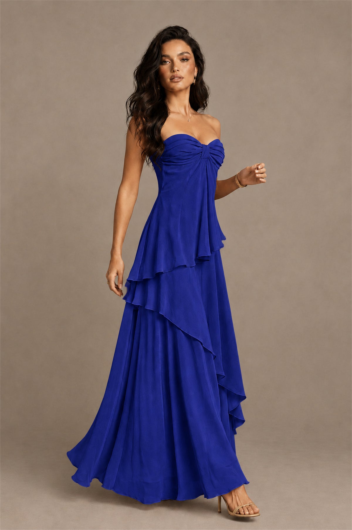 BOLODOO Royal Blue Strapless Sweetheart Knotted Chiffon Tiered Maxi Dress with Lace-Up Back - Royal Blue