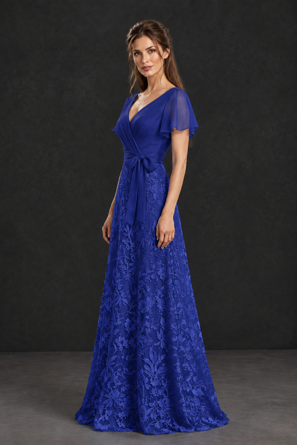 BOLODOO Royal Blue Flutter Sleeve Lace Mother of the Bride Dress - Royal Blue