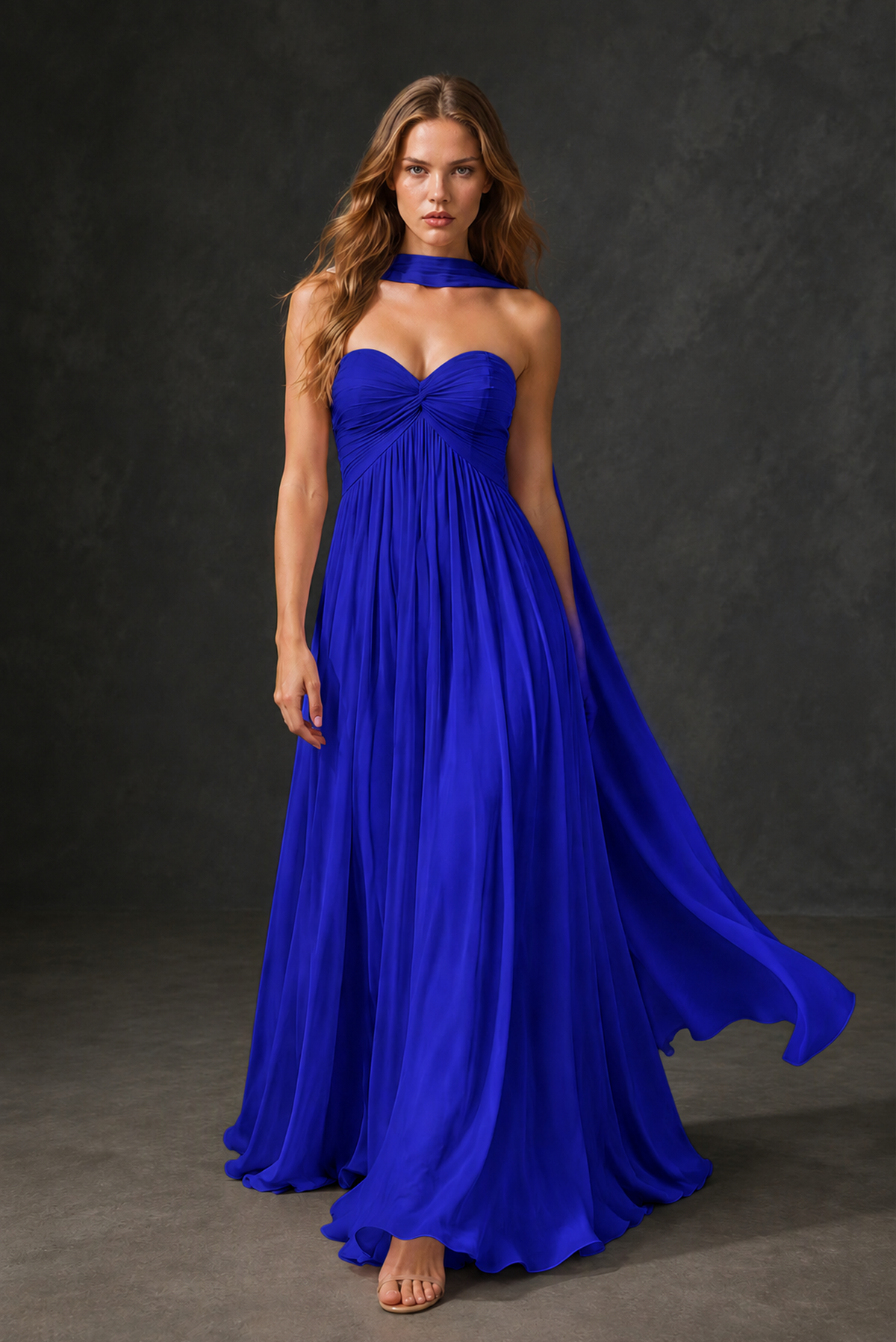 BOLODOO Royal Blue Sweetheart Strapless Twist Knot Detached Halter Scarf Lace-Up Back Empire Waist Chiffon Maxi Dress - Royal Blue