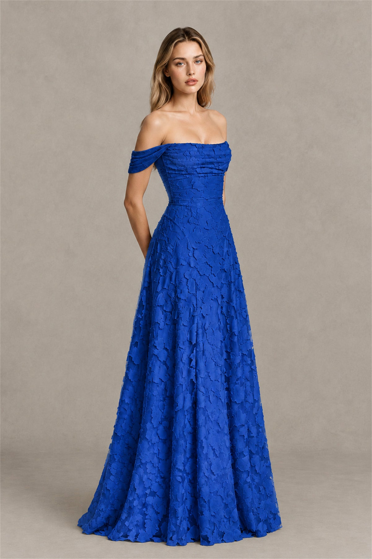 BOLODOO Royal Blue Off-Shoulder Pleated A-Line Maxi Dress Floral - Royal Blue