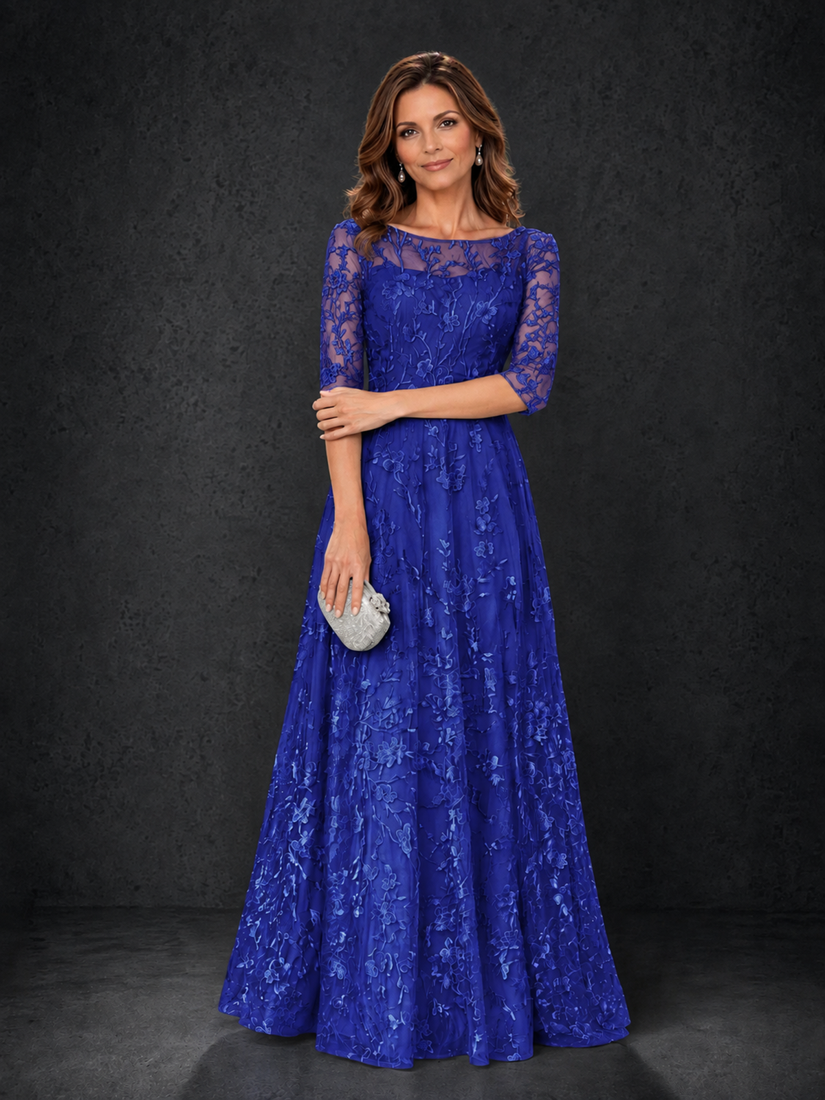 BOLODOO Royal Blue Illusion Bateau Neck 3/4 Sleeve Floral Lace A-Line Mother of the Bride Dress MX007 - Royal Blue