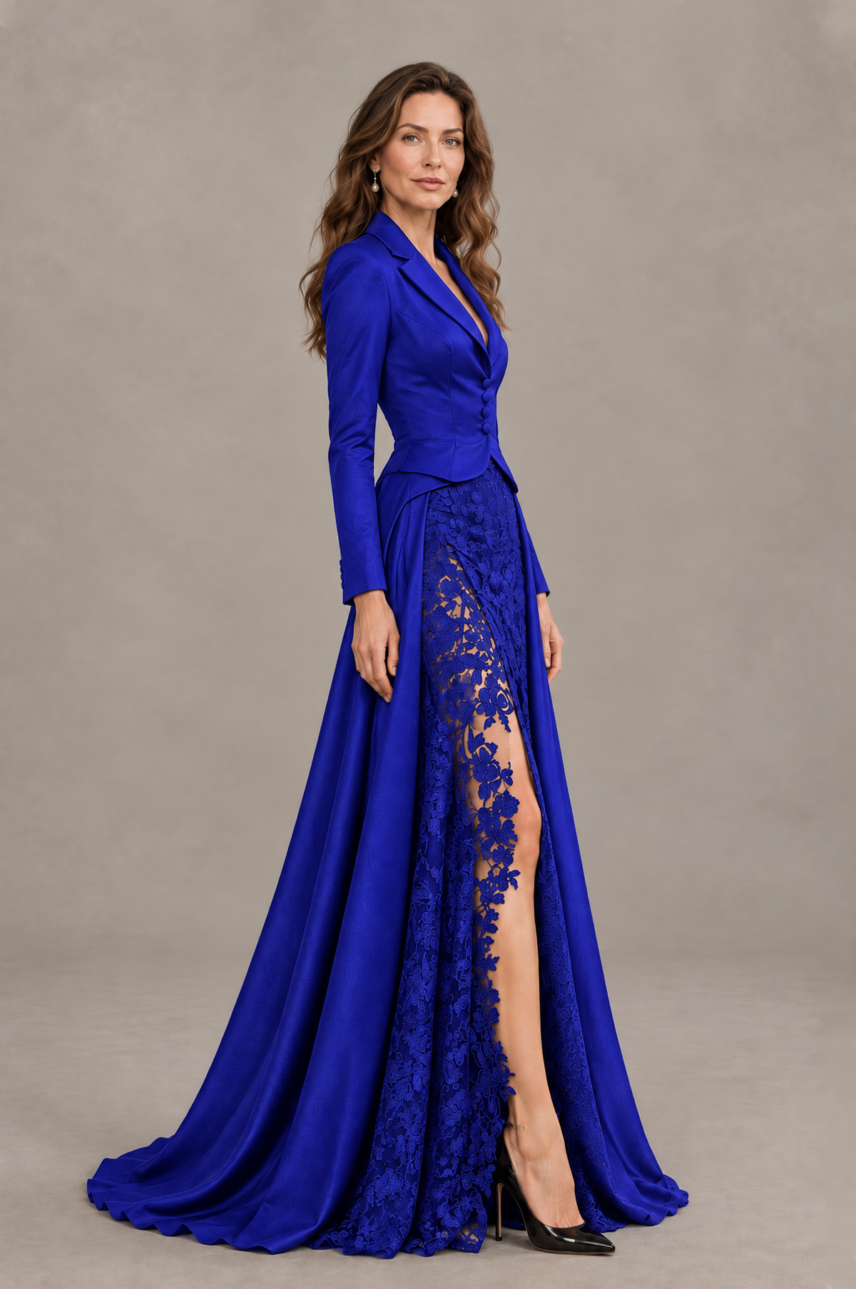 BOLODOO Royal Blue Long Sleeve Lace Blazer Gown with High Slit - Royal Blue - Royal Blue (3)