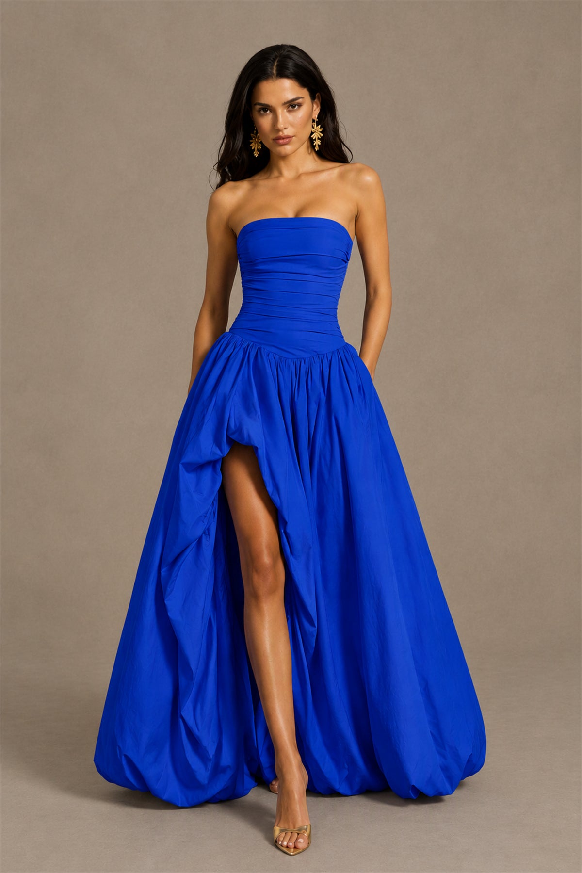 BOLODOO Royal Blue Strapless Ruched Corset Lace-Up Back Bubble Skirt High Slit Taffeta Maxi Dress - Royal Blue