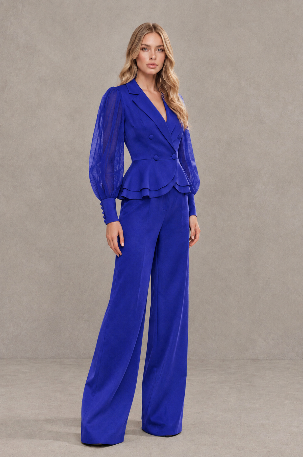 BOLODOO Mint Royal Blue Peplum Blazer Wide-Leg Pantsuit with Sheer Puff Sleeves - Royal Blue