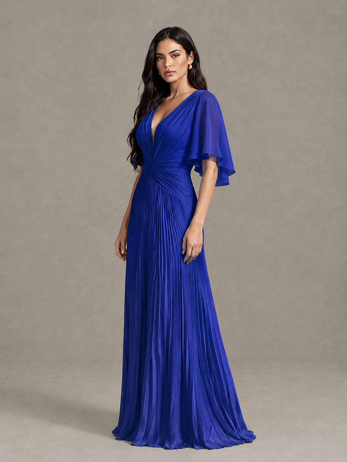 BOLODOO Royal Blue Pleated V-Neck Flutter Sleeve Bridesmaid Dress - Royal Blue - Royal Blue (3)