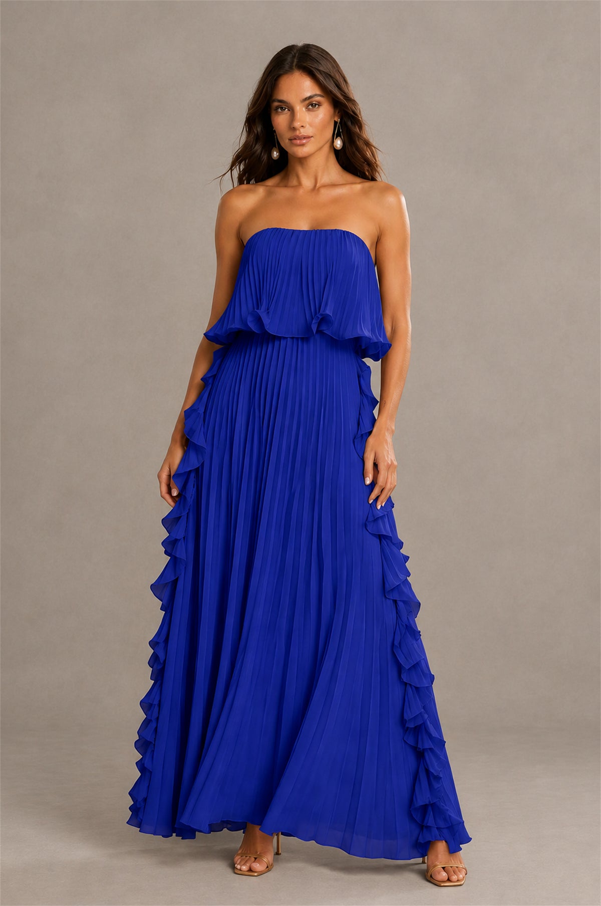 BOLODOO Royal Blue Strapless Ruffle Bodice Dual Cascading Ruffle Accordion Pleated Chiffon Maxi Dress - Royal Blue