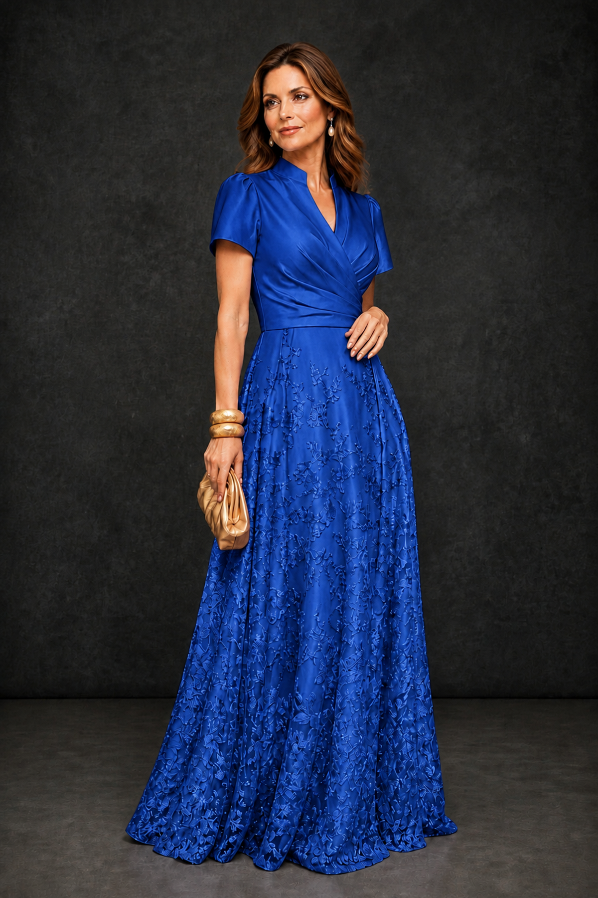 BOLODOO Royal Blue Satin Wrap V-Neck Short Sleeve Lace Glitter A-Line Floor Length Evening Gown – Formal Dress - Royal Blue - Royal Blue (3)