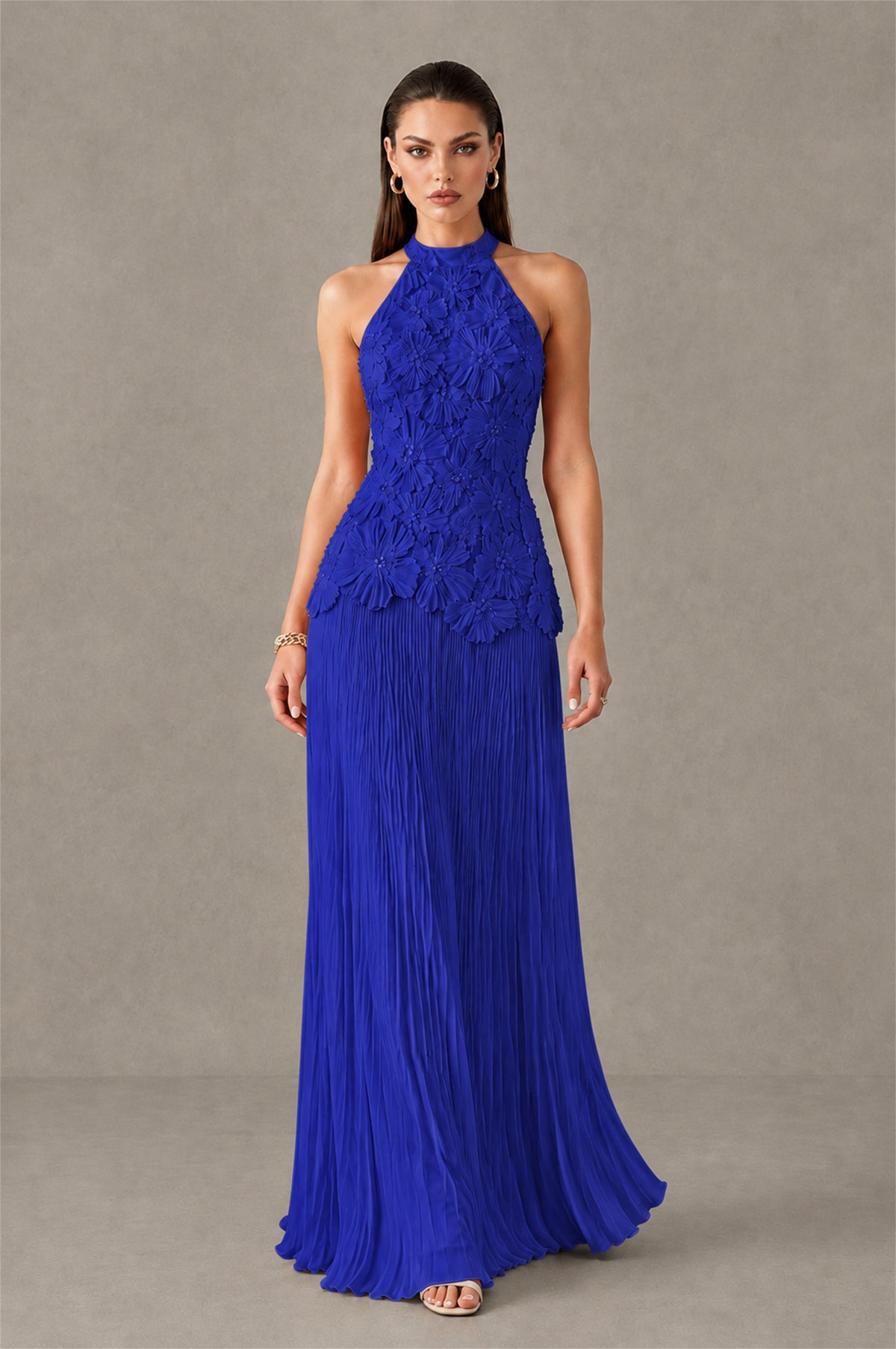 BOLODOO Royal Blue 3D Floral Applique Halter Neck Open Back Pleated Maxi Dress - Royal Blue