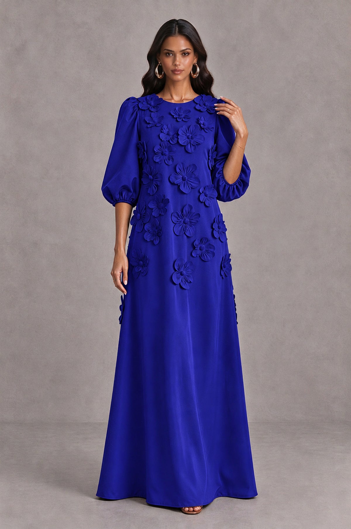 BOLODOO Royal Blue Floral Applique Puff Sleeve A-Line Evening Dress - Royal Blue - Royal Blue (3)