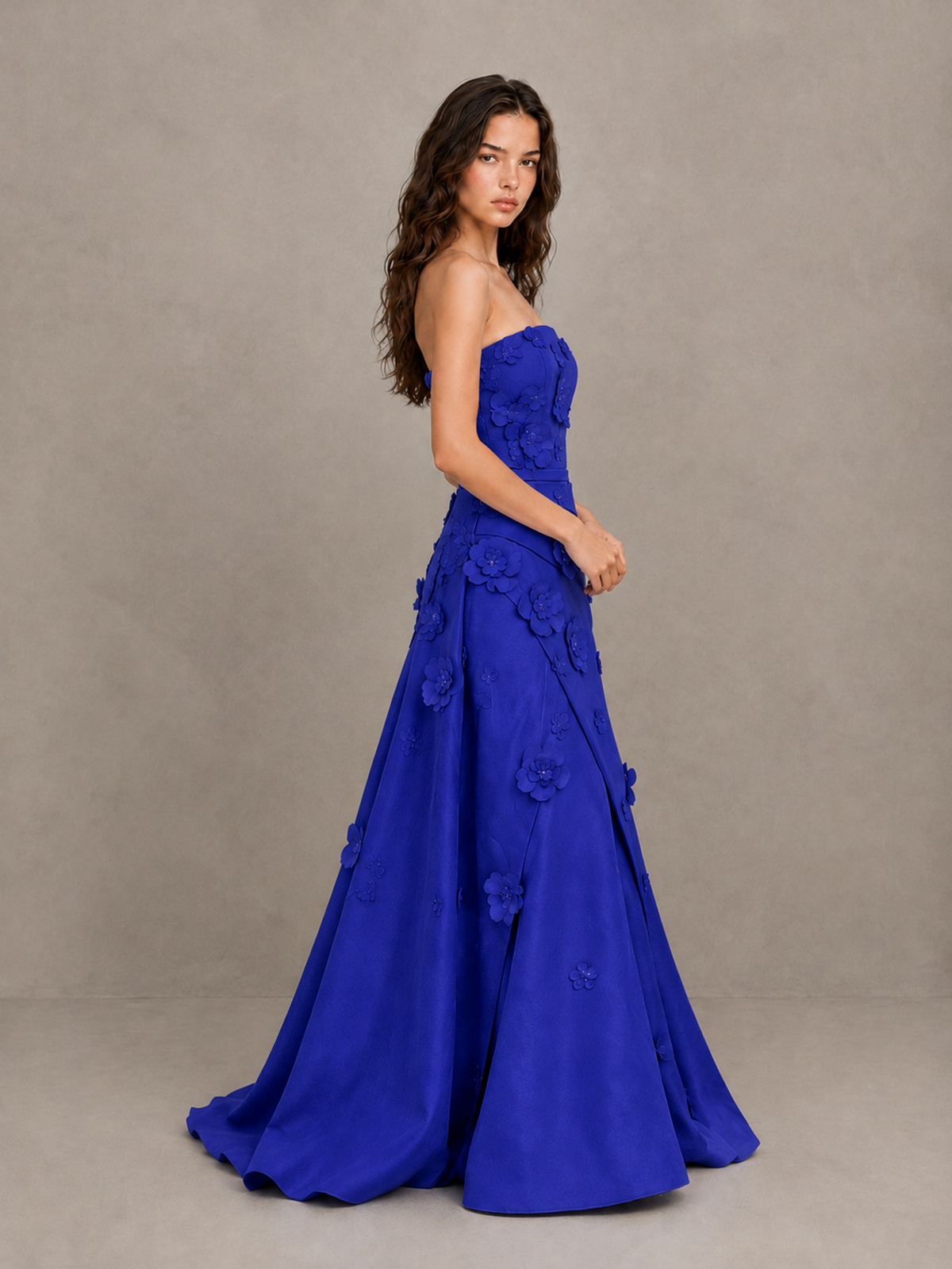 BOLODOO Royal Blue Strapless 3D Floral Applique Prom Gown with Draped Skirt - Royal Blue - Royal Blue (3)