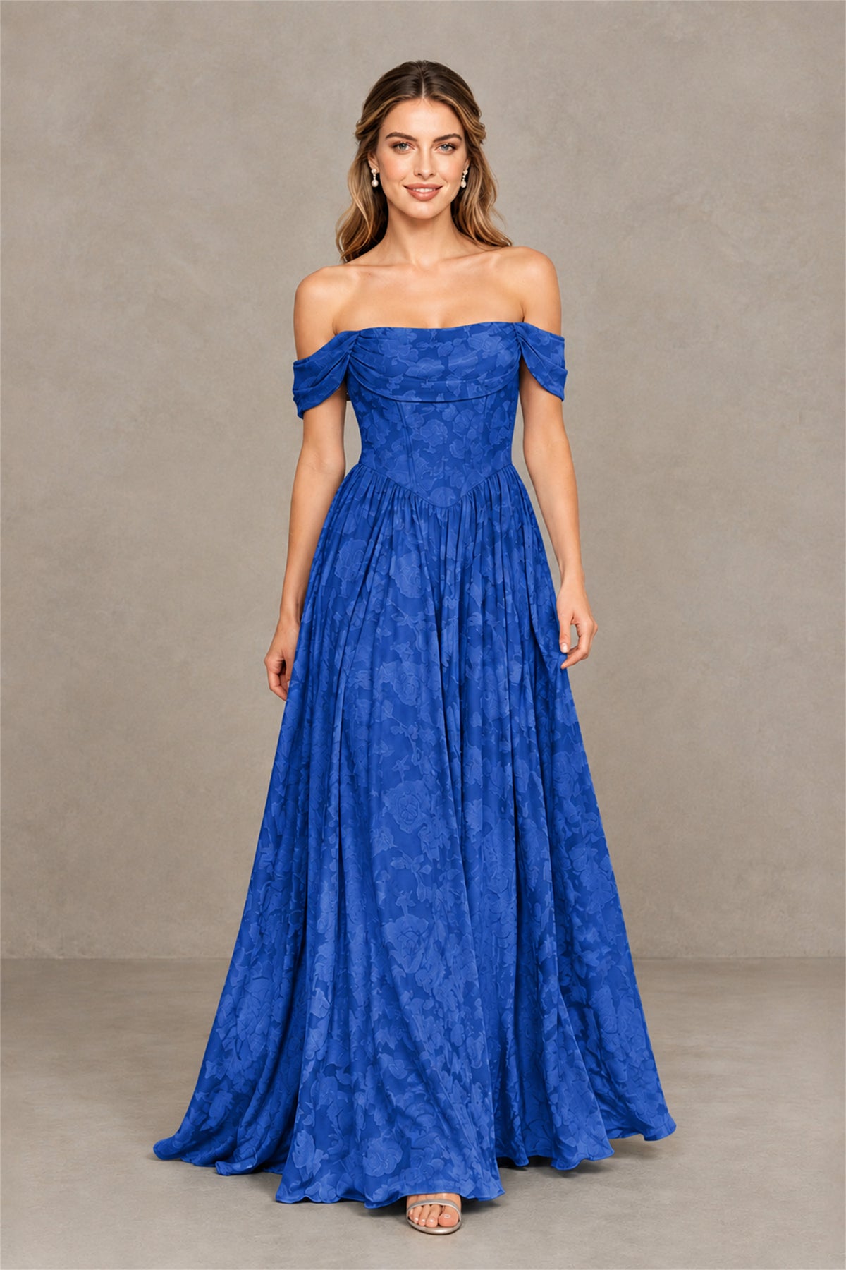 BOLODOO Royal Blue Off-Shoulder Floral A-Line Maxi Dress - Royal Blue