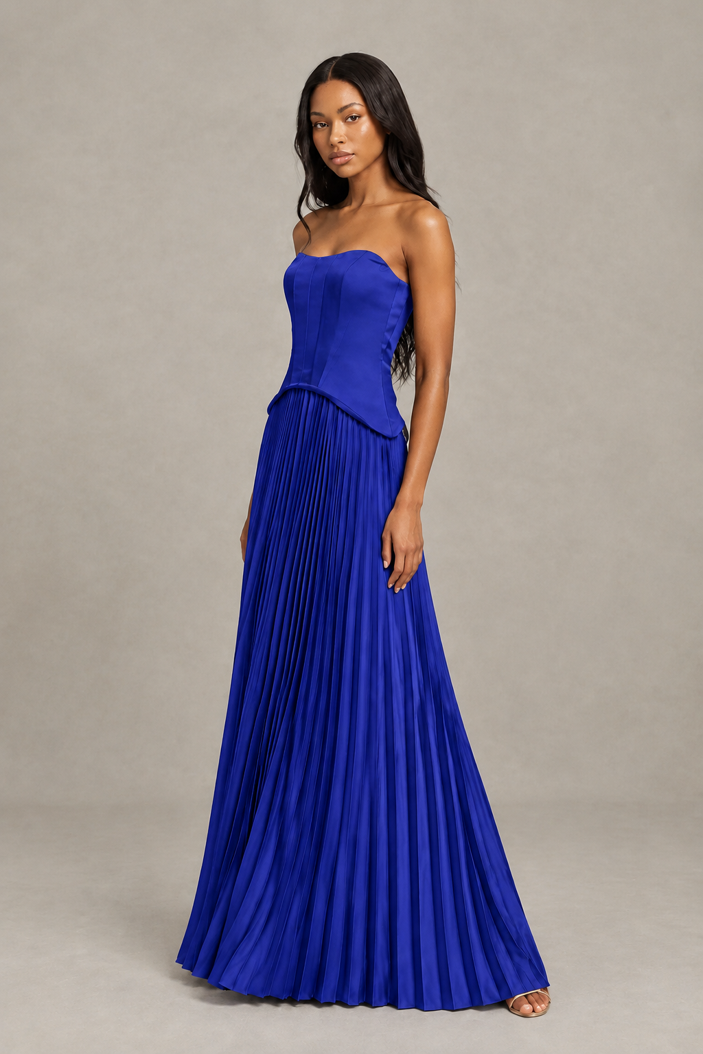 BOLODOO Royal Blue Strapless Pleated Satin Evening Prom Dress - Royal Blue