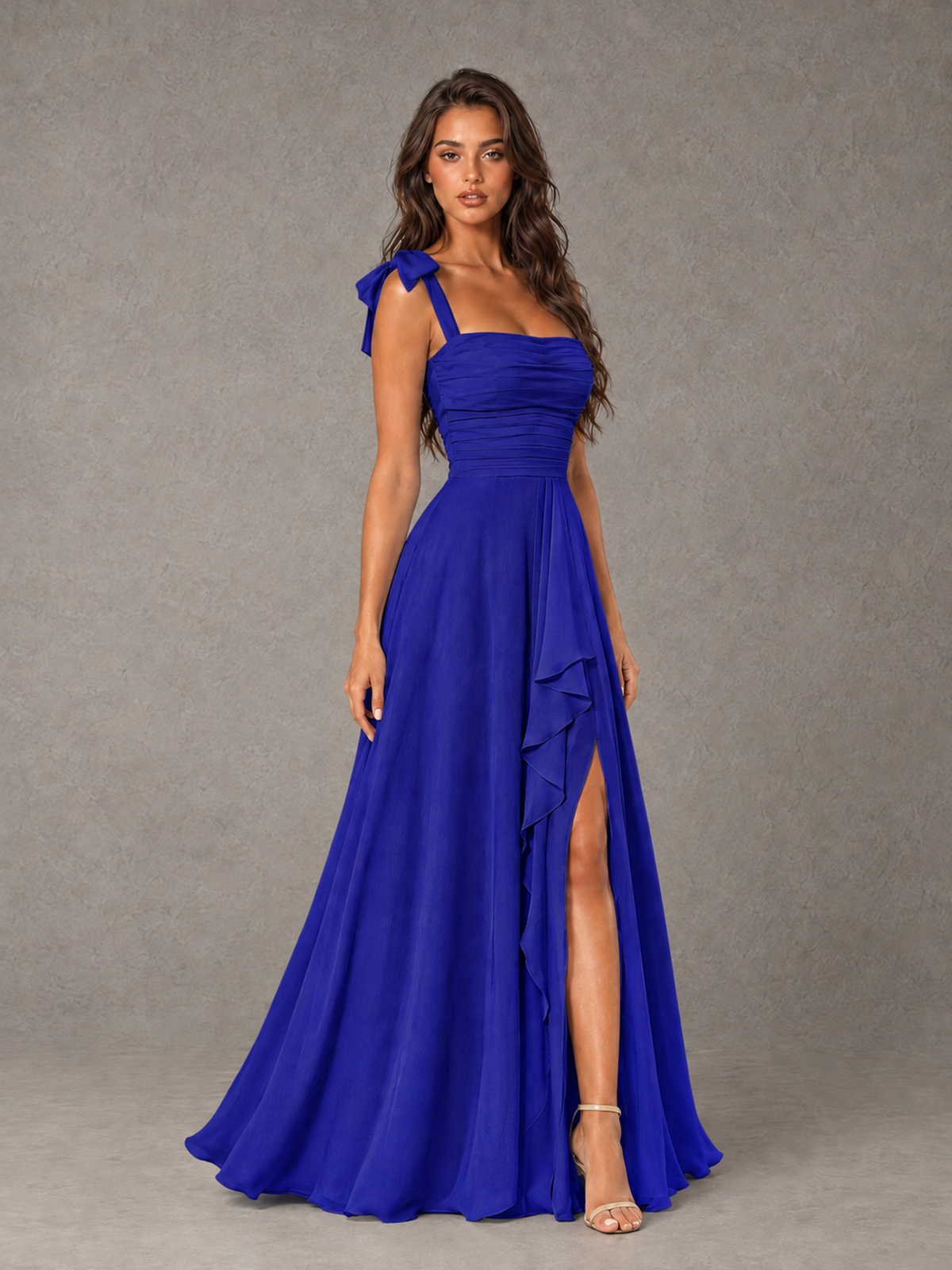 BOLODOO Royal Blue Bow-Strap Bridesmaid Dress with Ruffle Slit - Royal Blue - Royal Blue (3)