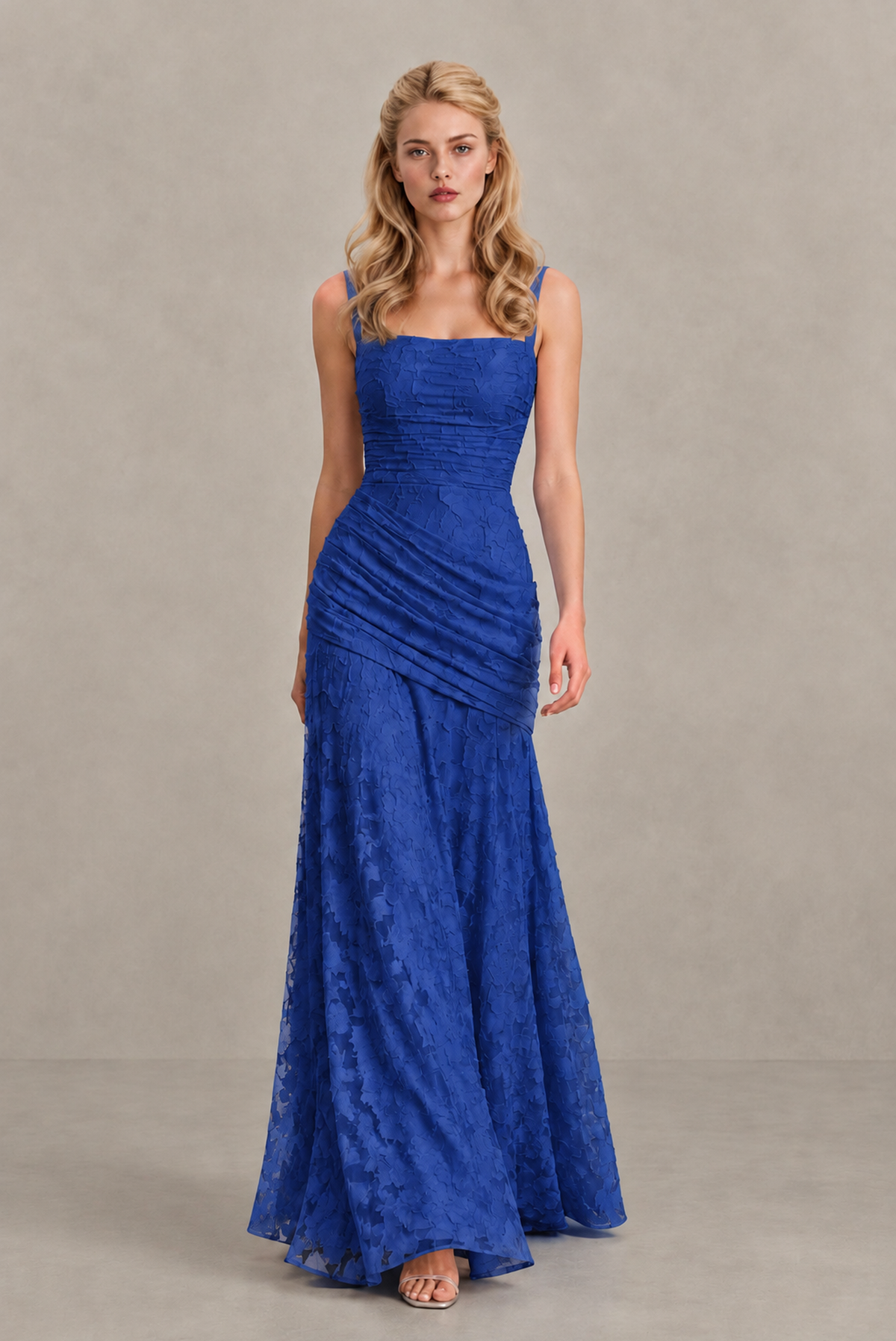 BOLODOO Royal Blue Ruched Floral Maxi Dress with Lace-Up Back - Royal Blue