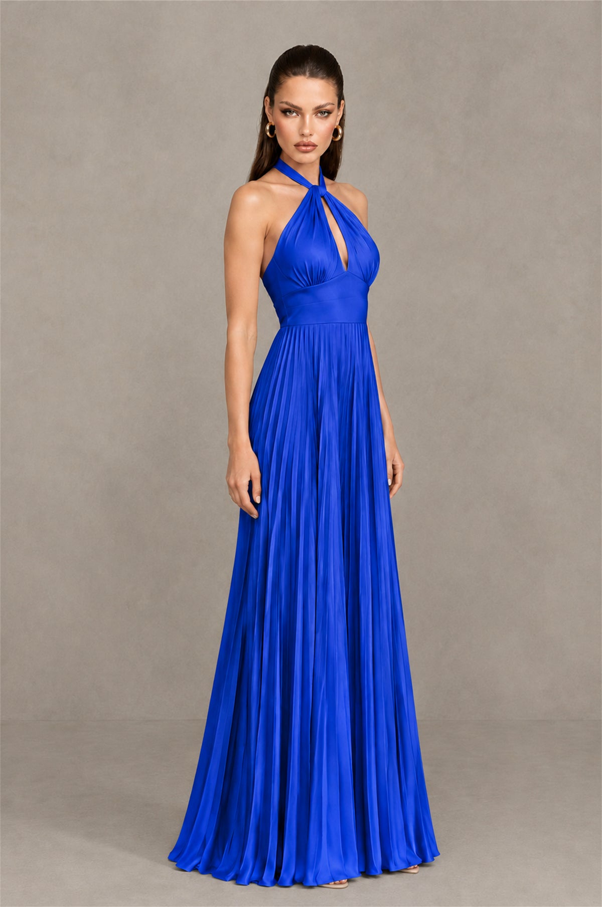BOLODOO Royal Blue Halter Pleated A-Line Evening Dress - Royal Blue - Royal Blue (3)