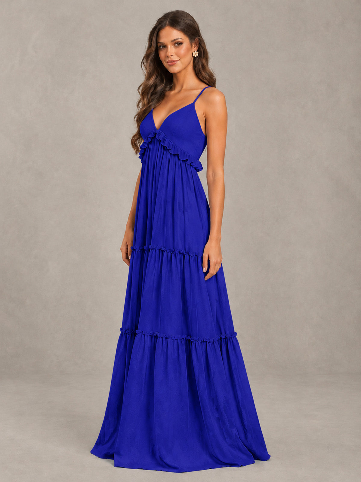 BOLODOO Royal Blue Tiered V-Neck Lace-Up Back Bridesmaid Dress - Royal Blue - Royal Blue (3)