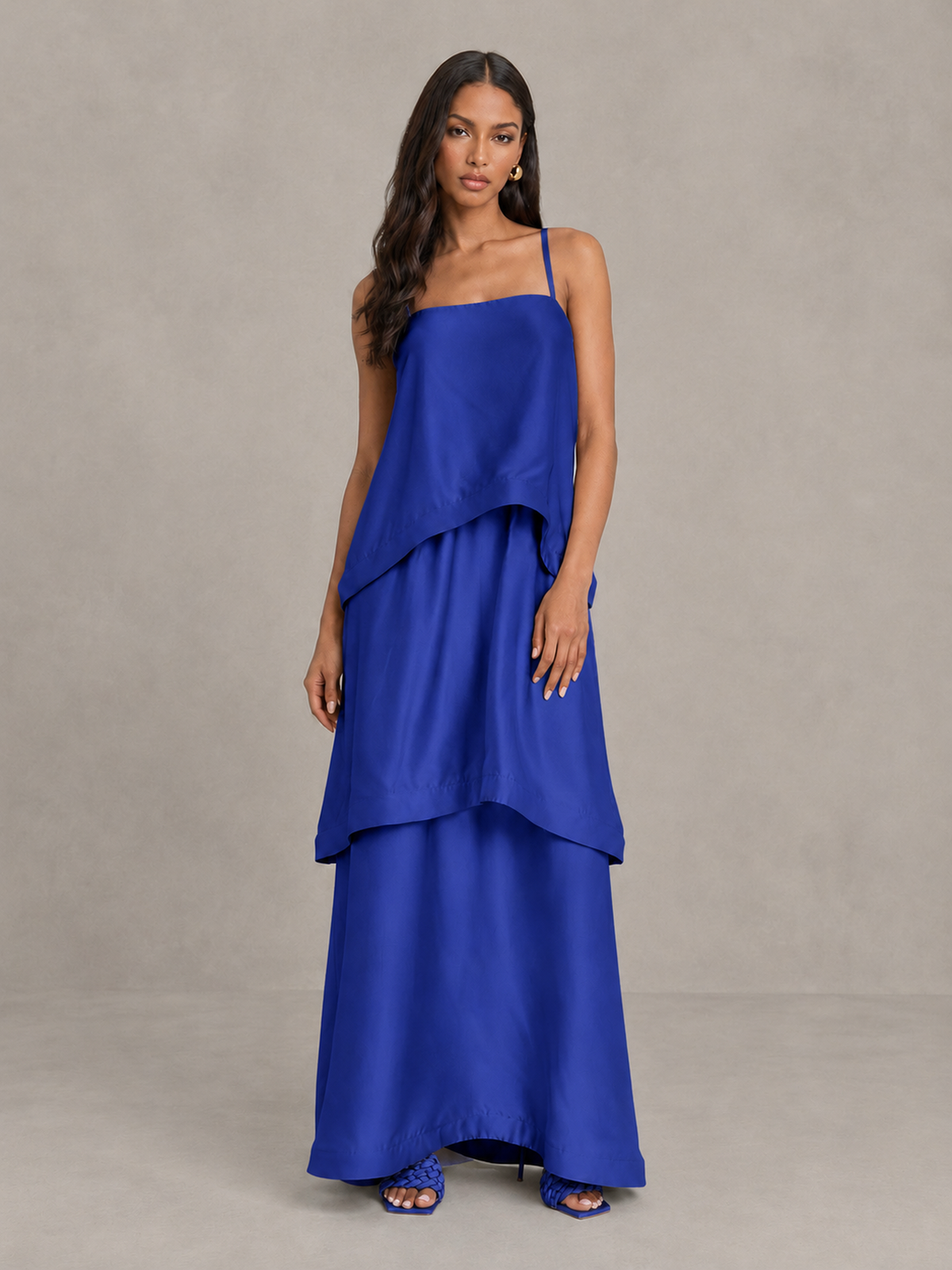 BOLODOO Royal Blue Satin Tiered Maxi Dress with Spaghetti Straps - Royal Blue