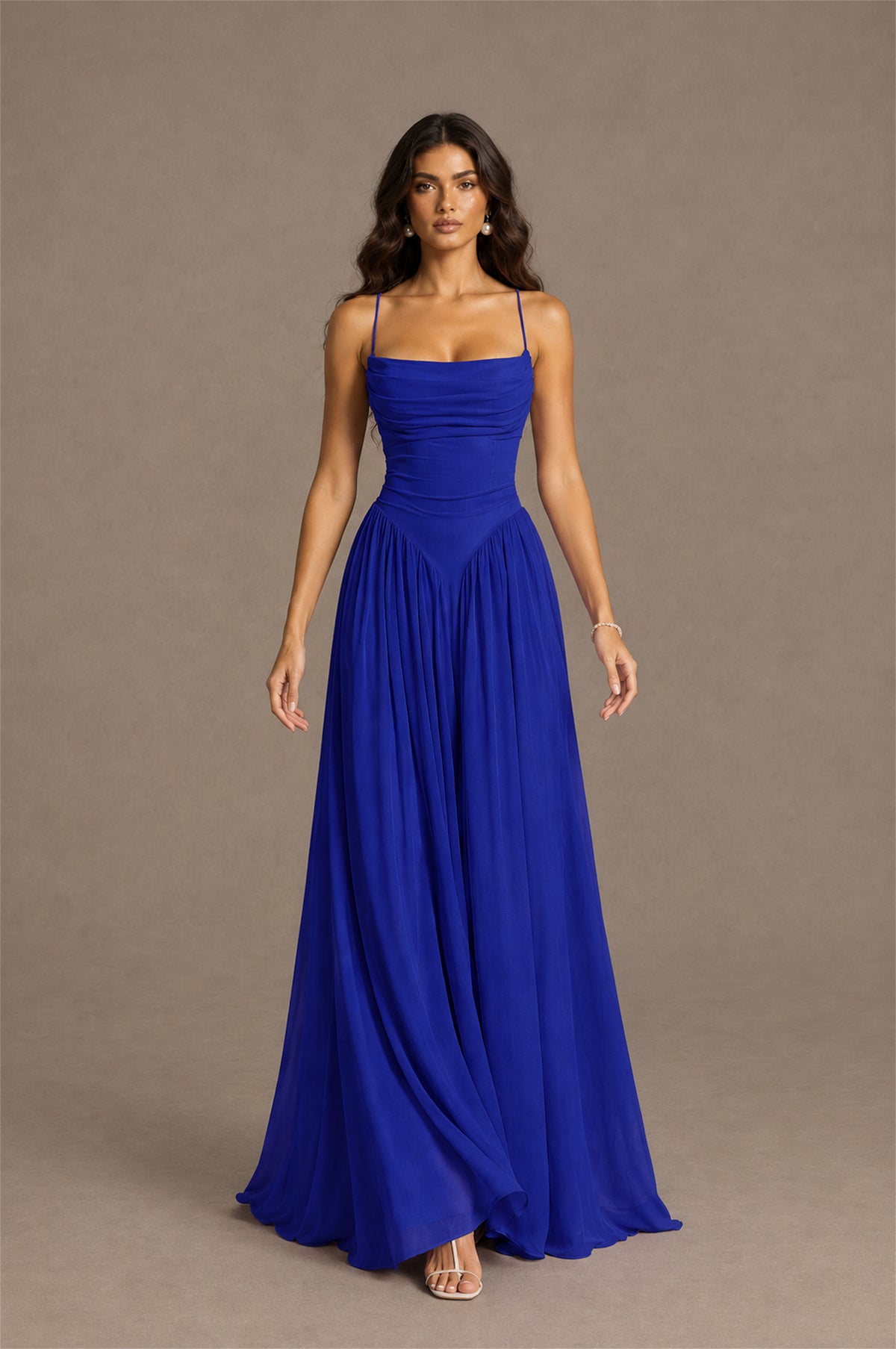 BOLODOO Royal Blue Spaghetti Strap Square Neck Ruched Chiffon Maxi Dress with Lace-Up Back - Royal Blue