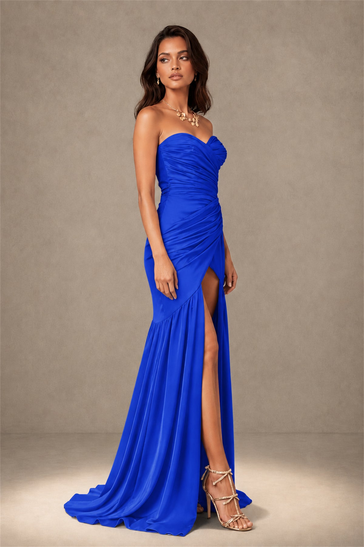 BOLODOO Royal Blue Brown Stretch Satin Sweetheart Strapless Ruched Open Back High Slit Mermaid Maxi Dress - Royal Blue