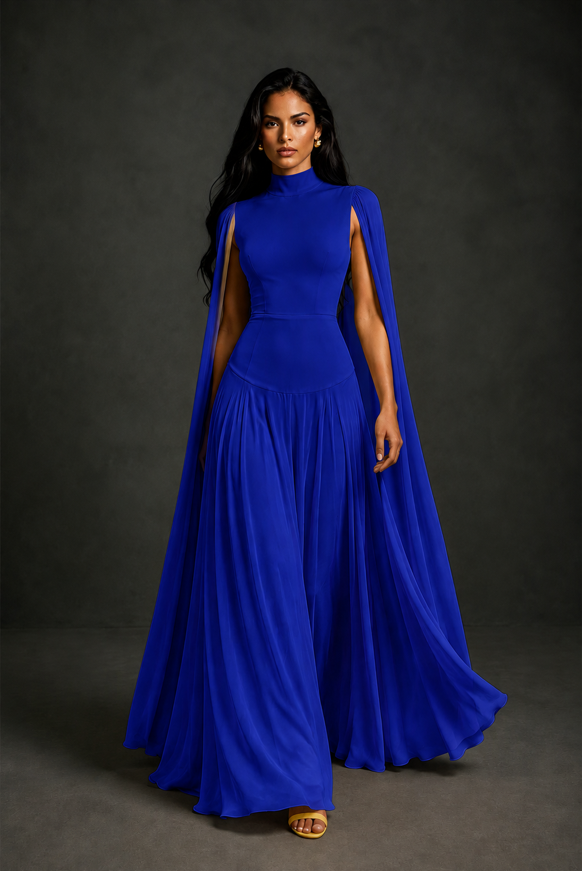 BOLODOO Royal Blue Mock Neck Cape Sleeve A-Line Chiffon Maxi Dress - Royal Blue
