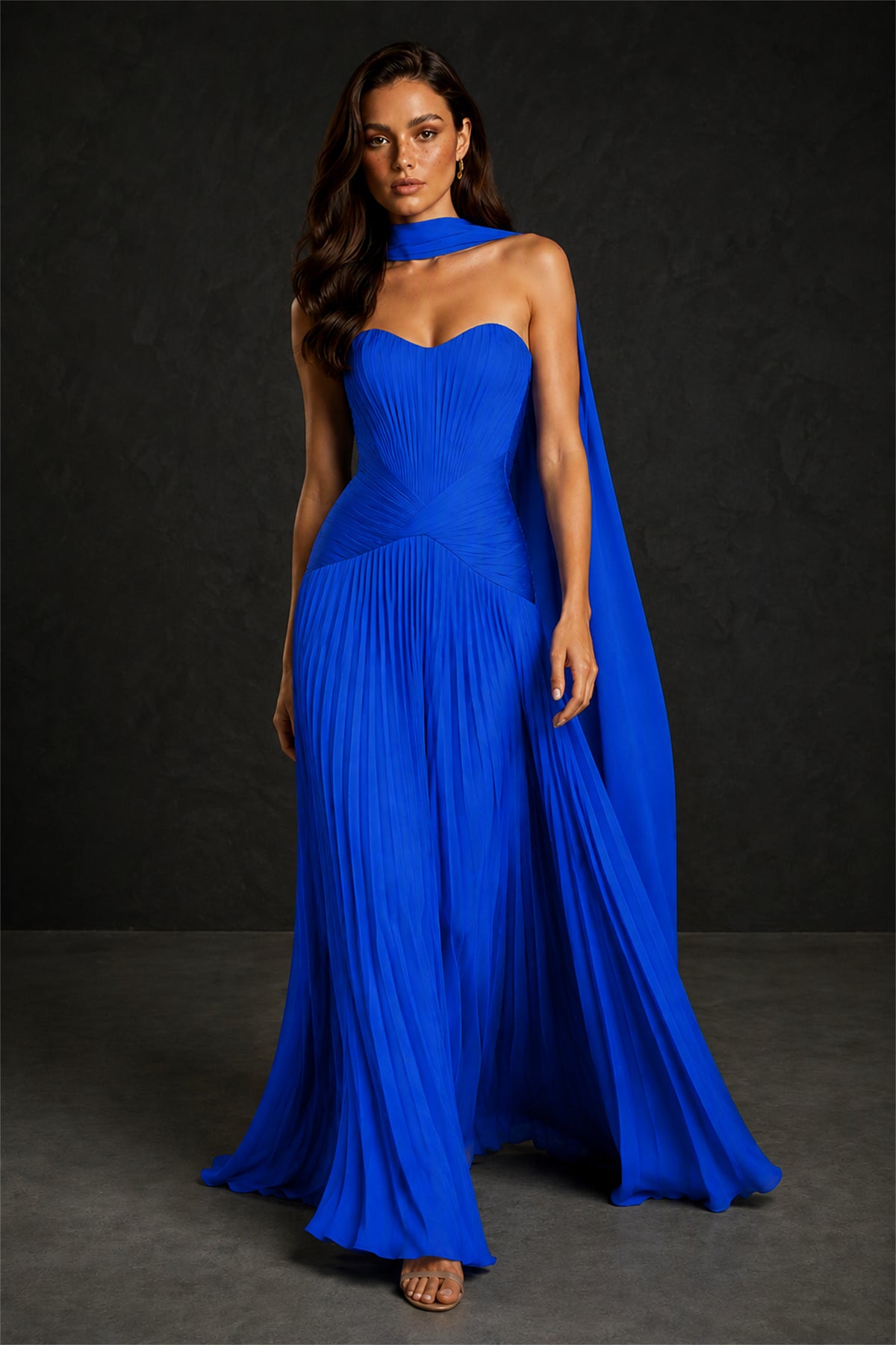 BOLODOO Royal Blue Sweetheart Strapless Neck Scarf Pleated Backless A-Line Chiffon Maxi Dress - Royal Blue - Royal Blue
