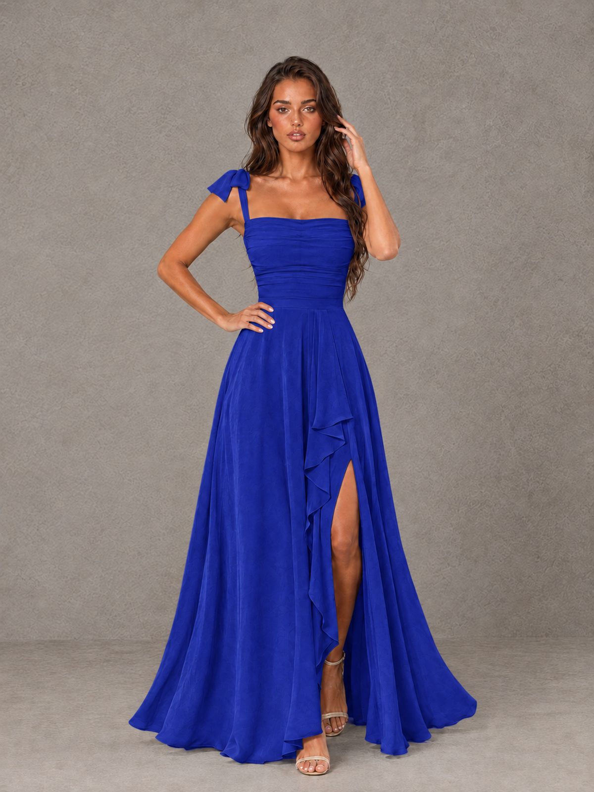 BOLODOO Royal Blue Bow-Strap Bridesmaid Dress with Ruffle Slit - Royal Blue - Royal Blue (4)