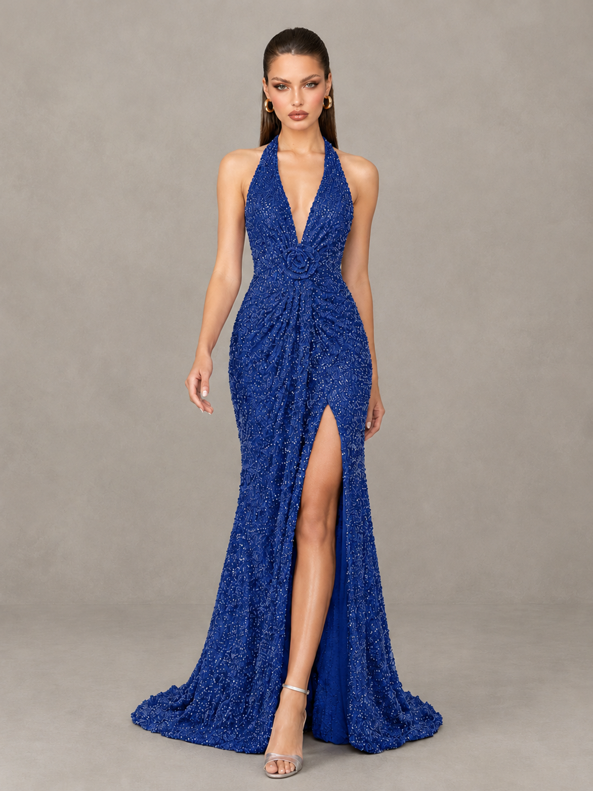 BOLODOO Royal Blue Sequin Halter Open Back Evening Gown with High Slit - Royal Blue - Royal Blue (4)