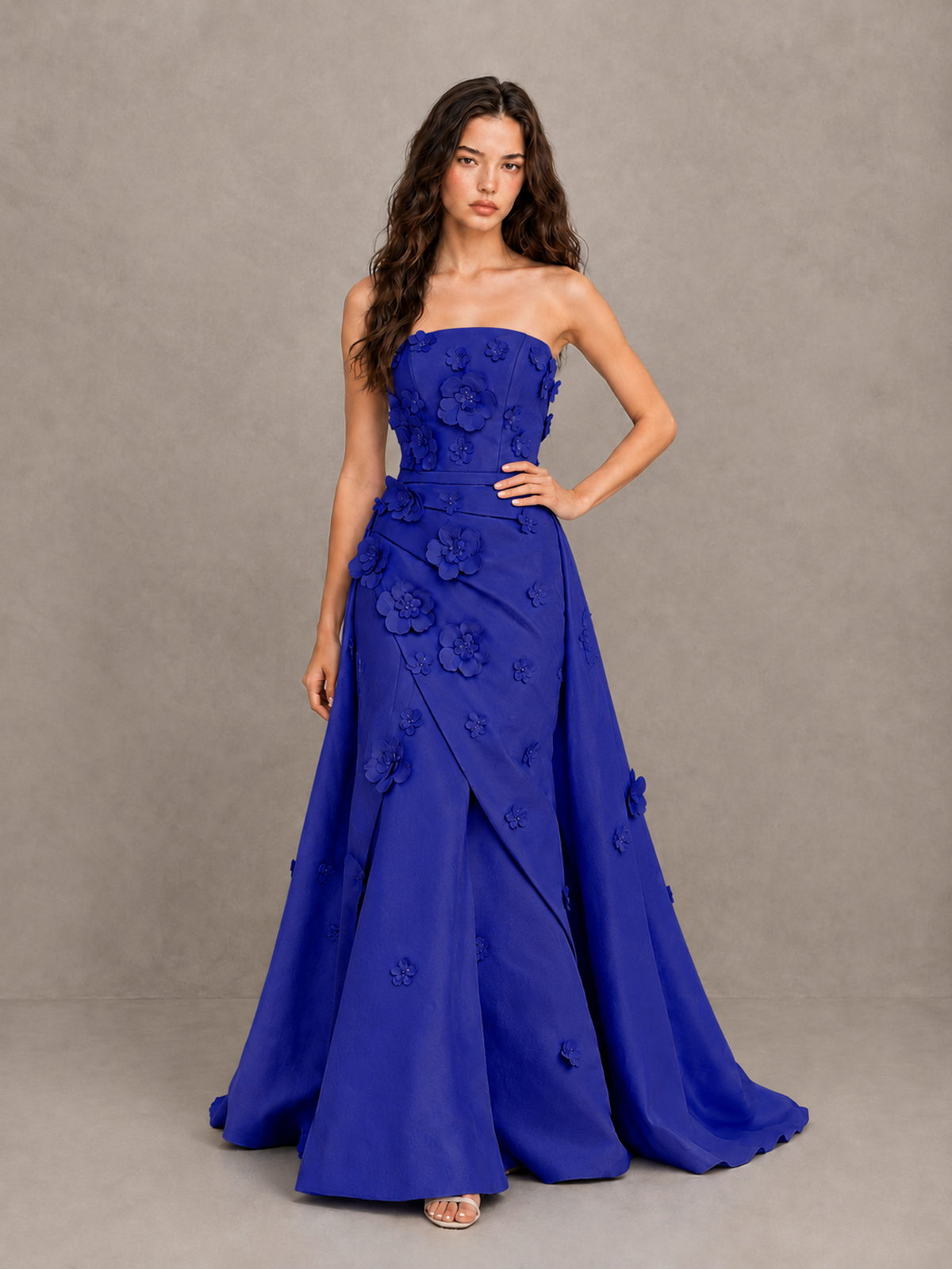 BOLODOO Royal Blue Strapless 3D Floral Applique Prom Gown with Draped Skirt - Royal Blue - Royal Blue (4)