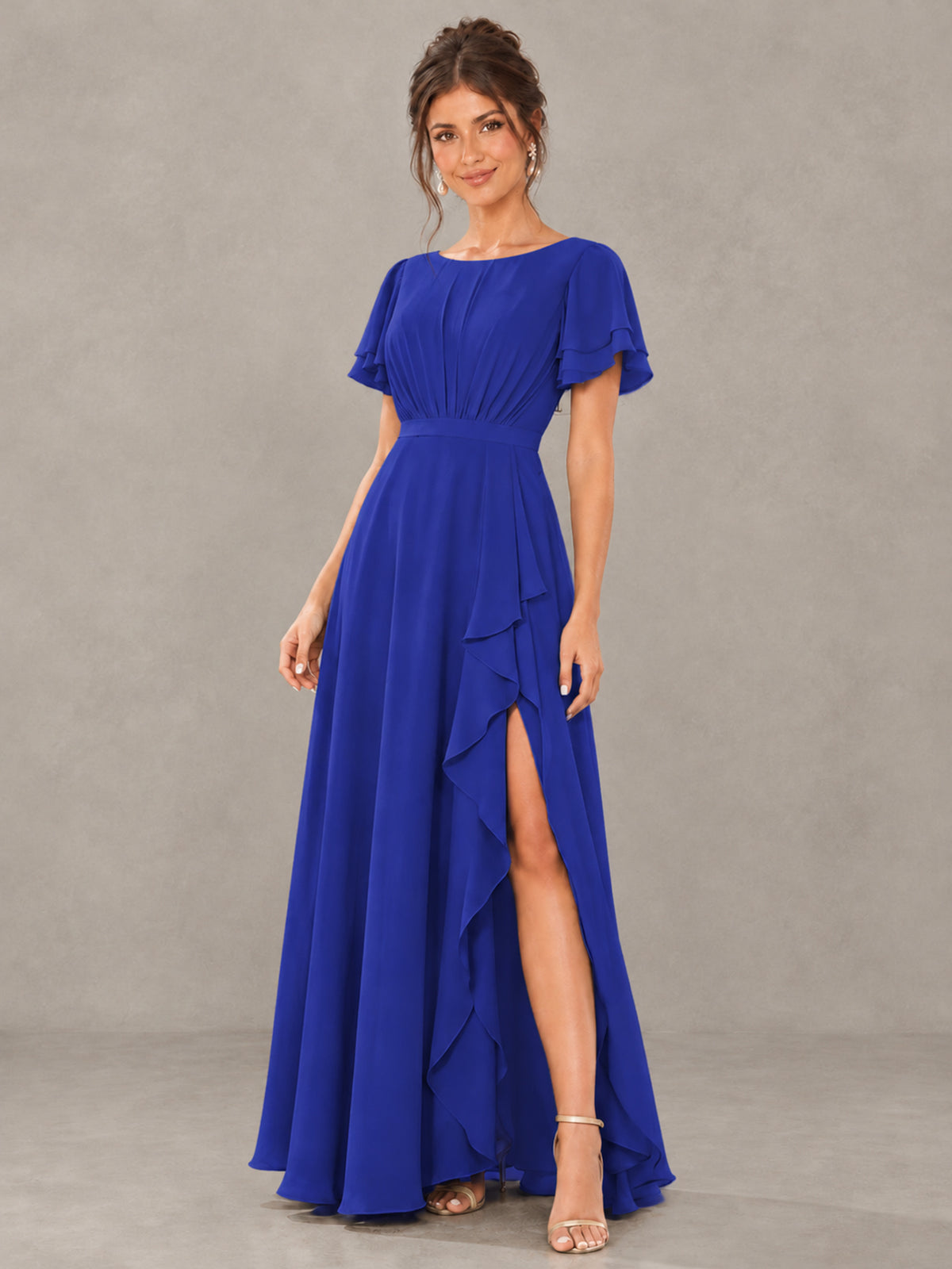 BOLODOO Royal Blue Flutter Sleeve Ruffle Bridesmaid Dress with Slit - Royal Blue - Royal Blue (4)