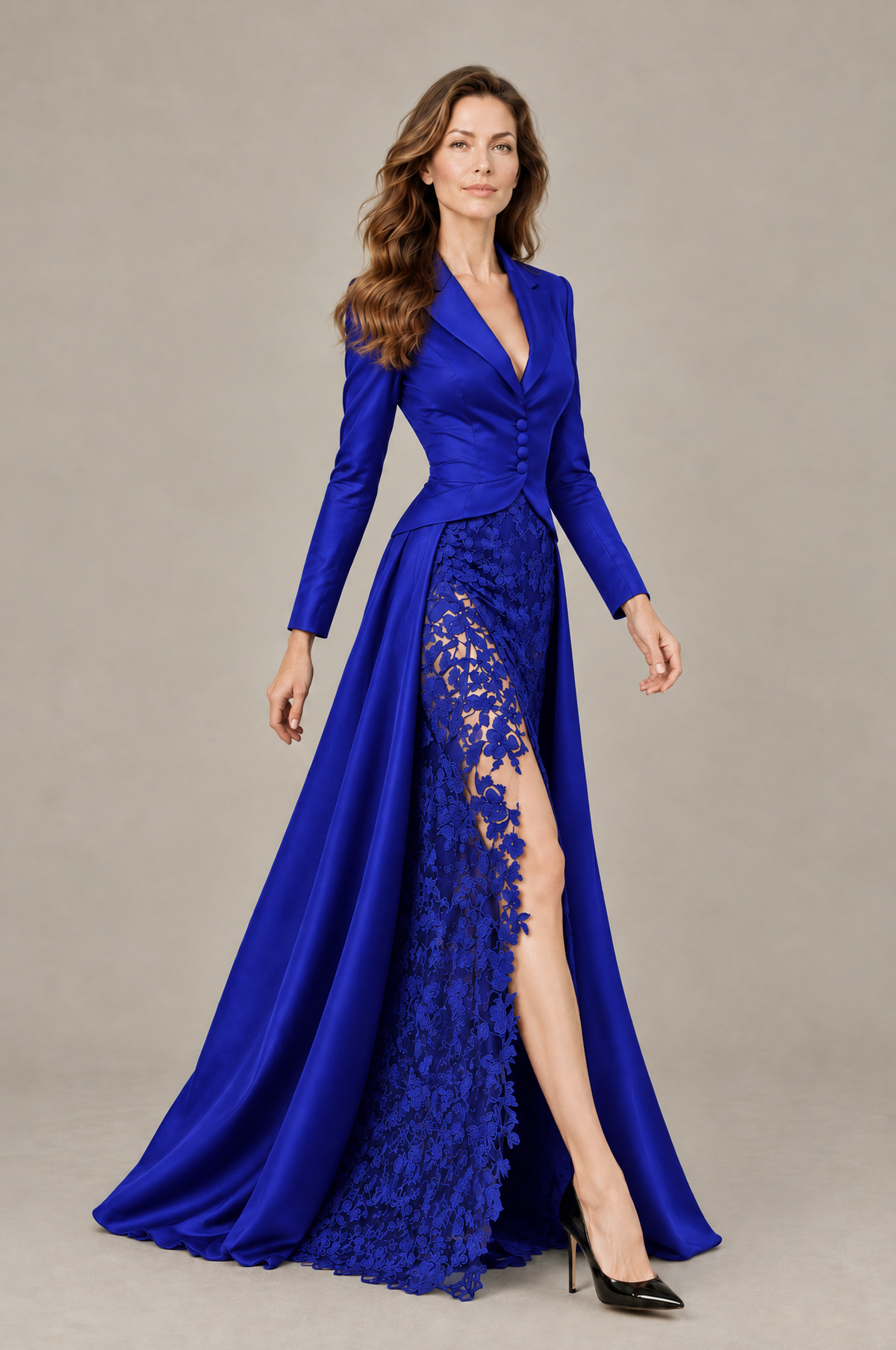 BOLODOO Royal Blue Long Sleeve Lace Blazer Gown with High Slit - Royal Blue - Royal Blue (4)