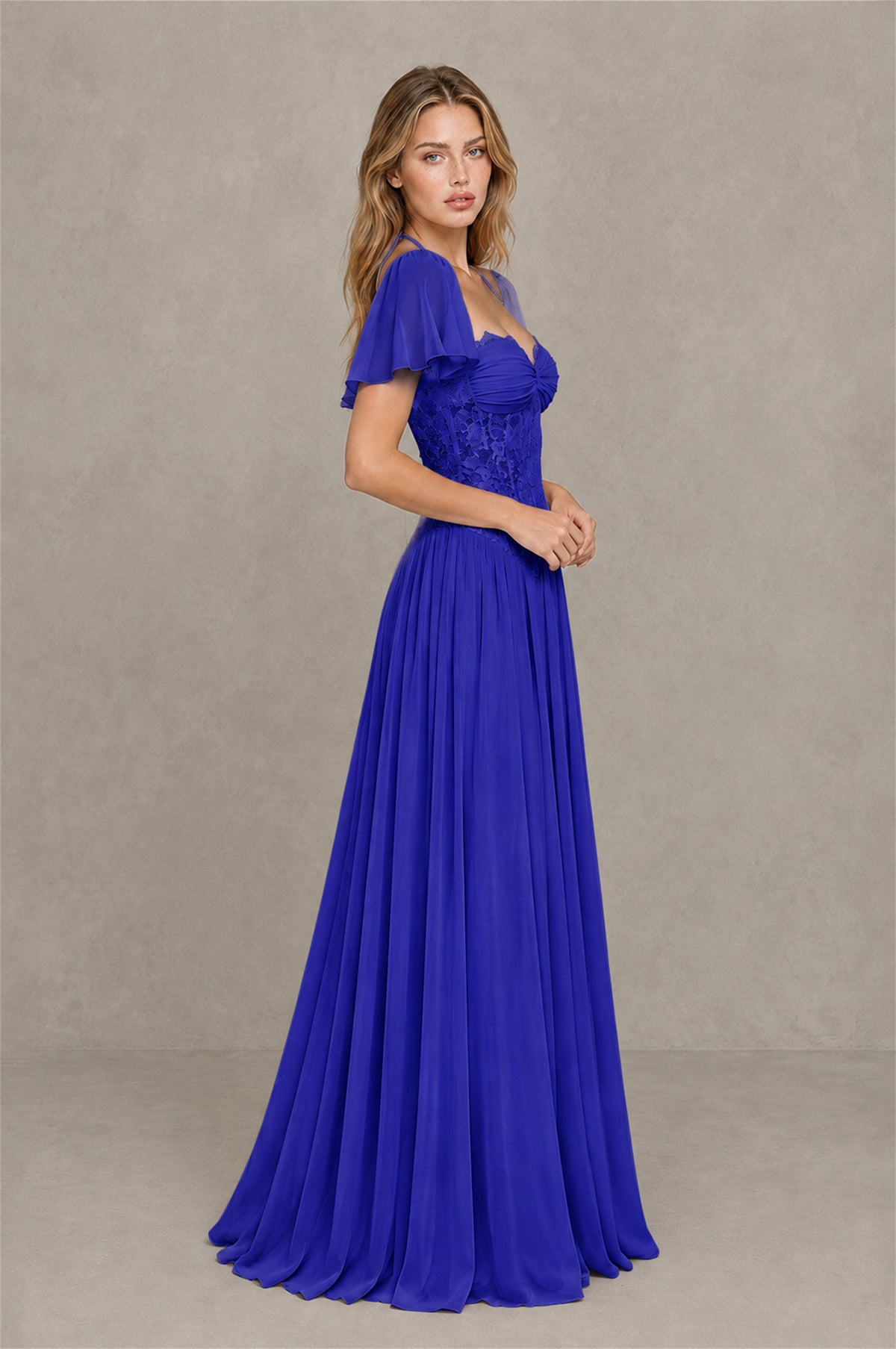 BOLODOO Royal Blue Flutter Sleeve Lace Corset A-Line Maxi Dress - Royal Blue - Royal Blue (4)