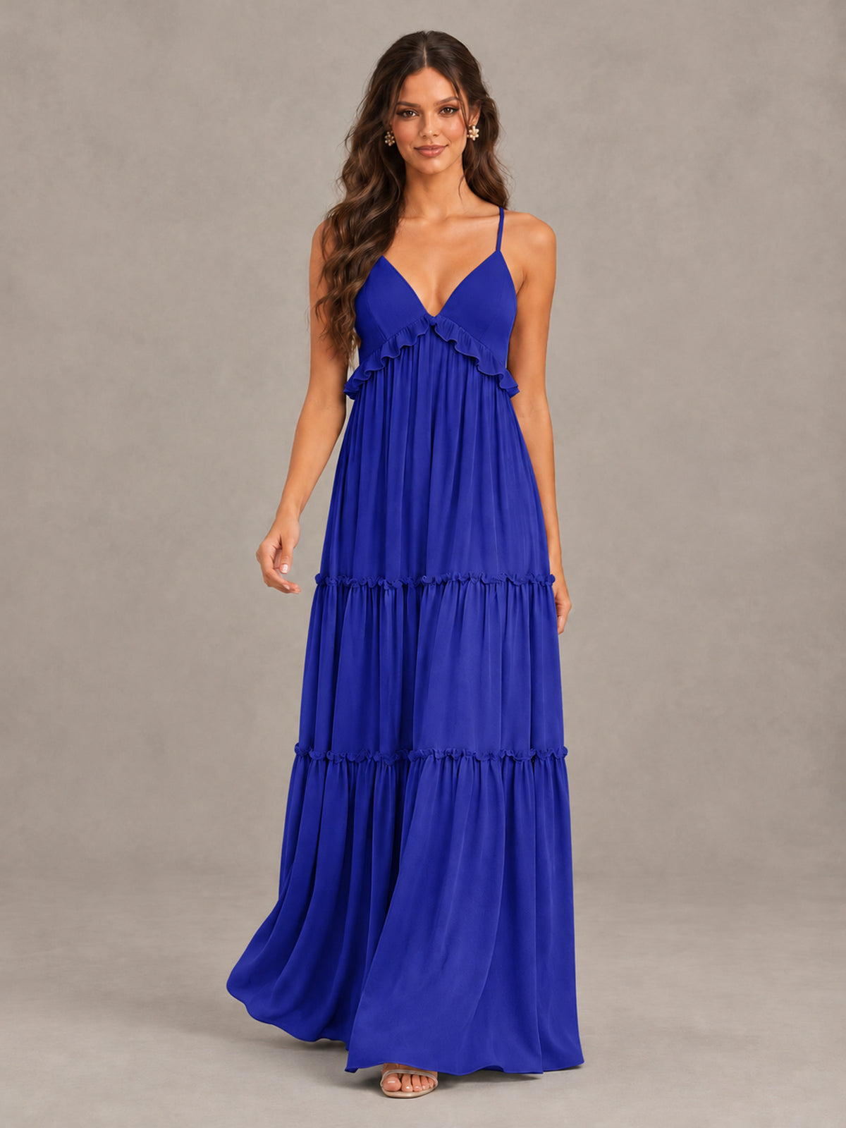 BOLODOO Royal Blue Tiered V-Neck Lace-Up Back Bridesmaid Dress - Royal Blue - Royal Blue (4)