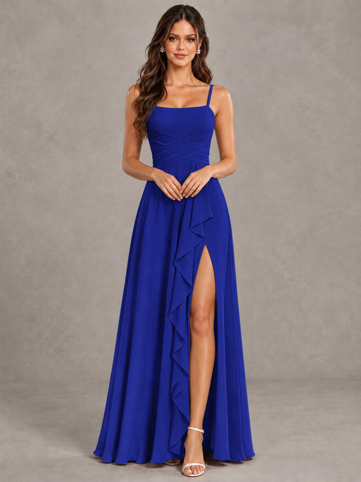 BOLODOO Royal Blue Spaghetti Strap Ruffle Bridesmaid Dress with Slit - Royal Blue - Royal Blue (4)