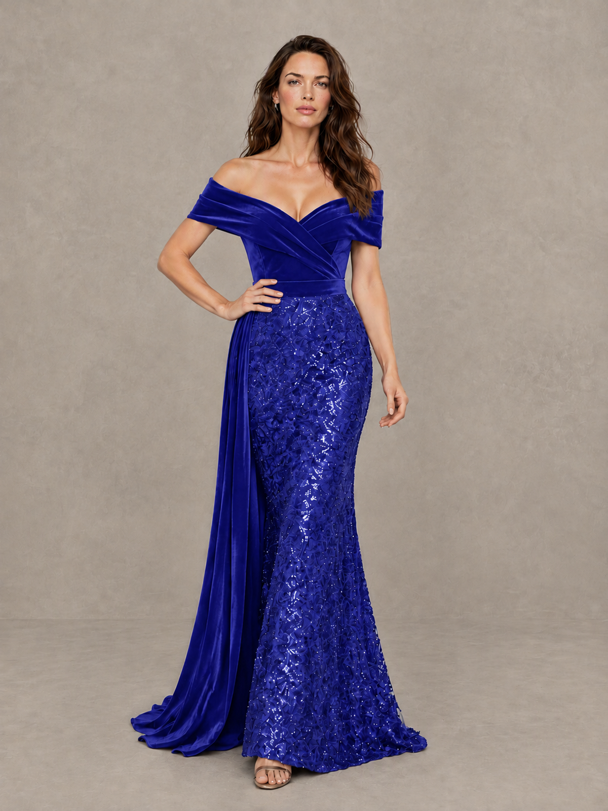 BOLODOO Royal Blue Off-Shoulder Velvet & Sequin Evening Gown with Side Train - Royal Blue - Royal Blue (4)