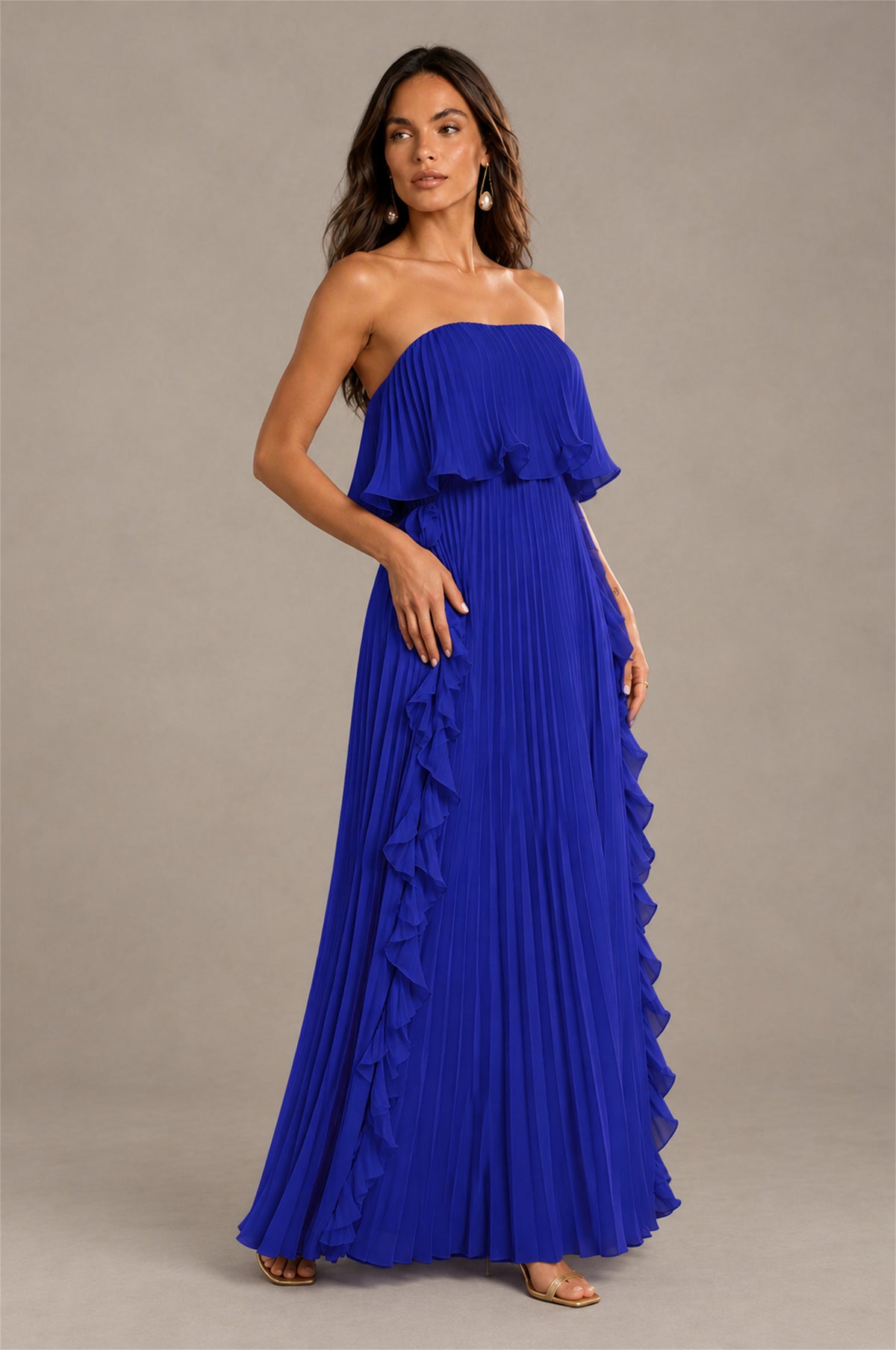 BOLODOO Royal Blue Strapless Ruffle Bodice Dual Cascading Ruffle Accordion Pleated Chiffon Maxi Dress - Royal Blue