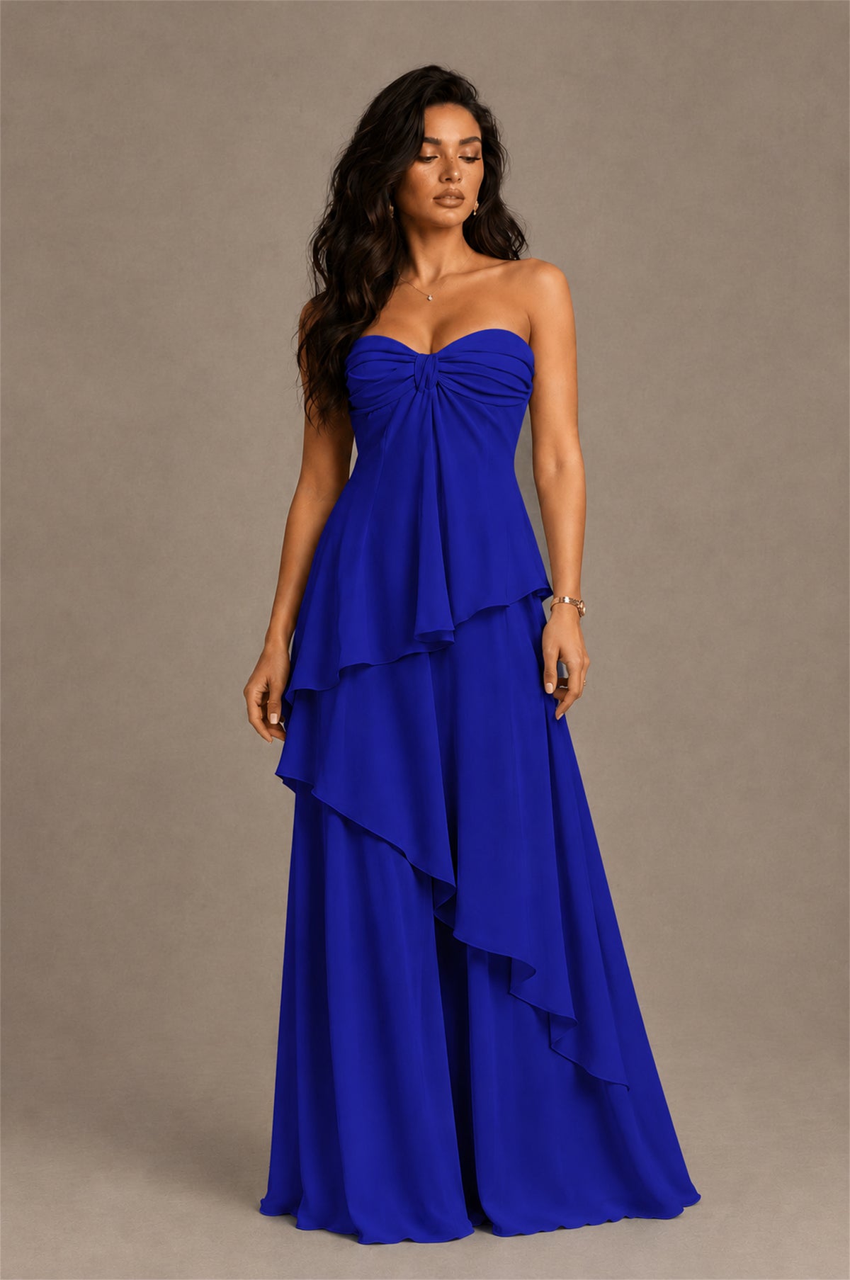 BOLODOO Royal Blue Strapless Sweetheart Knotted Chiffon Tiered Maxi Dress with Lace-Up Back - Royal Blue