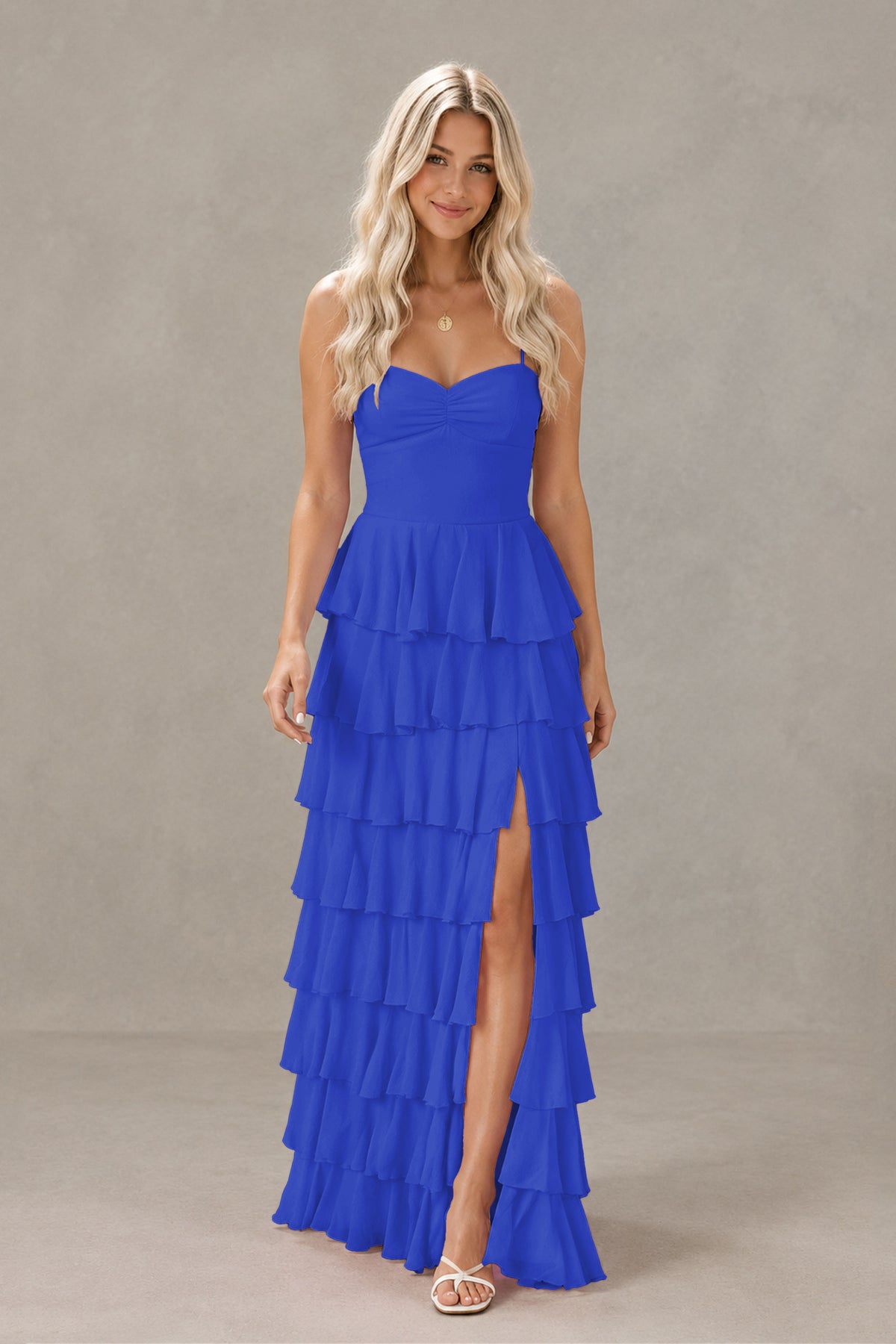 BOLODOO Royal Blue Strapless Tiered Ruffle Maxi Dress with Slit & Lace-Up Back - Royal Blue